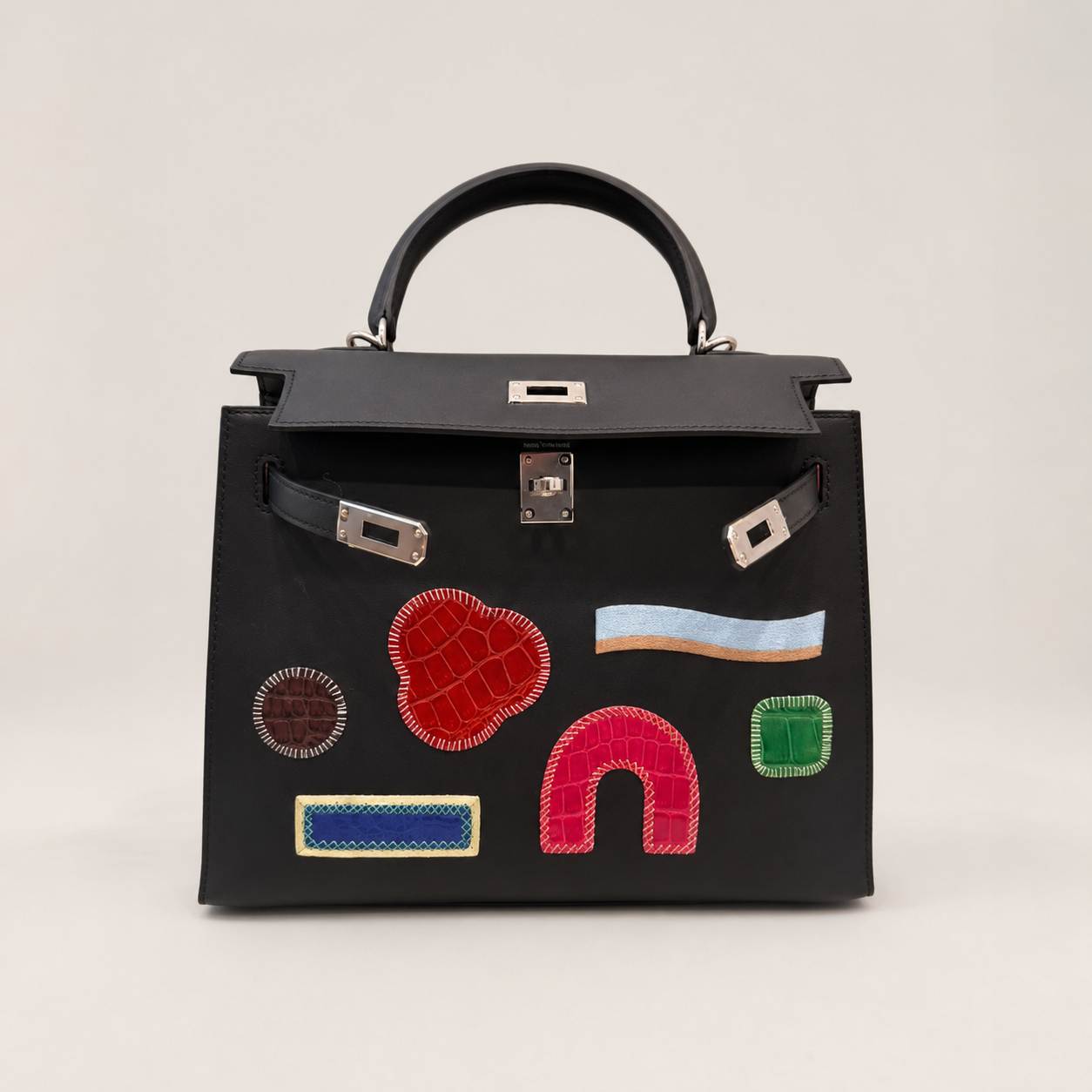 Hermès Kelly 25 Sellier Broderie Collage Noir Swift, Alligator & Crocodile Palladium Hardware