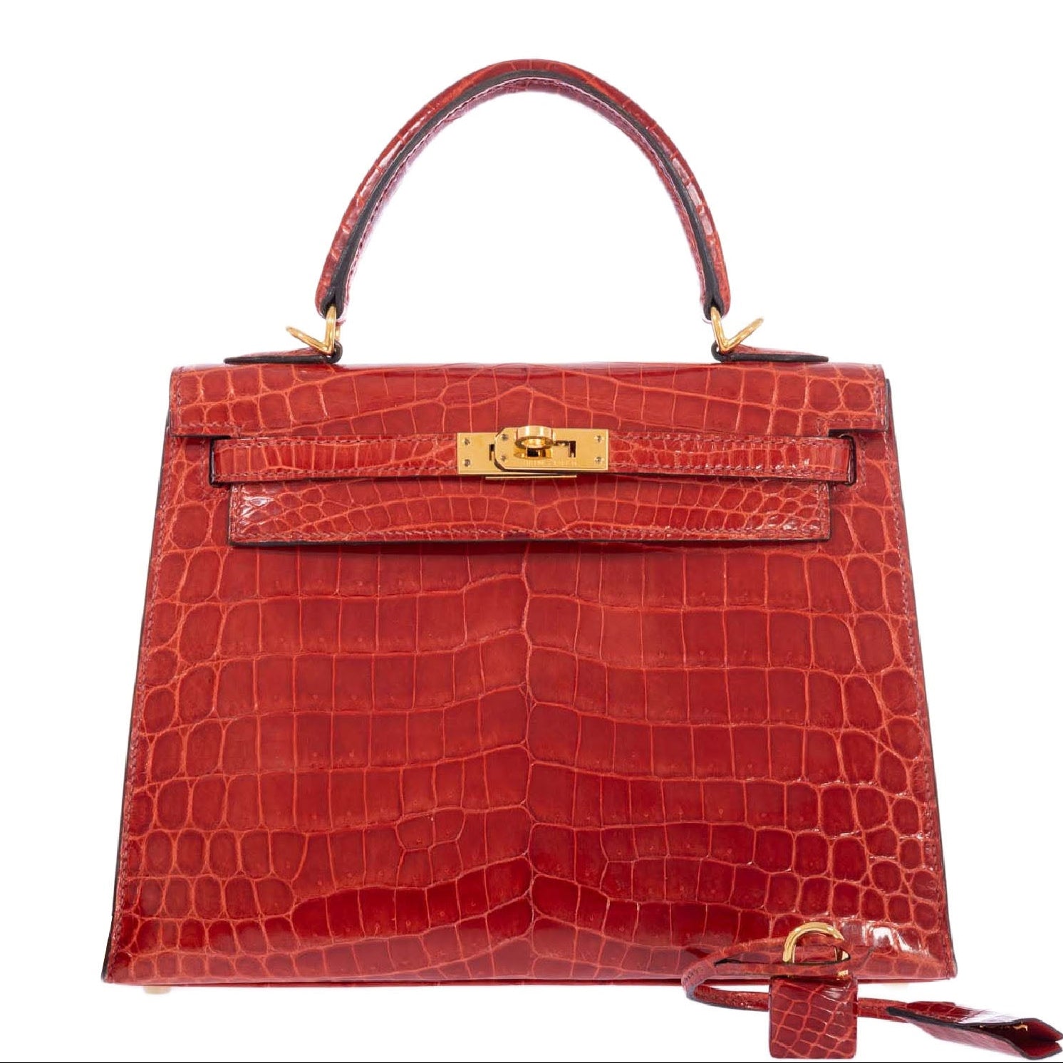Hermès Kelly 25 Sellier Geranium Shiny Alligator Gold Hardware