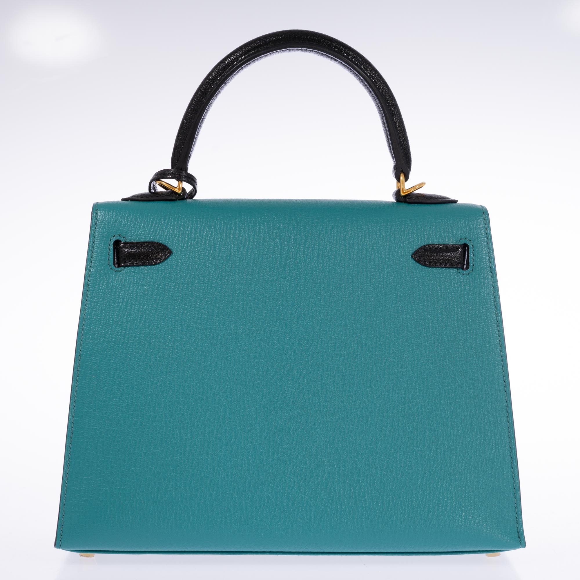 Hermès Kelly 25 Sellier HSS Special Order Blue Paon & Black Chèvre Mysore Gold Hardware