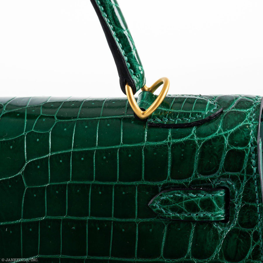 Hermès Kelly 25 Sellier HSS Vert Émeraude Shiny Niloticus Crocodile Bleu Marine Interior Brushed Gold Hardware