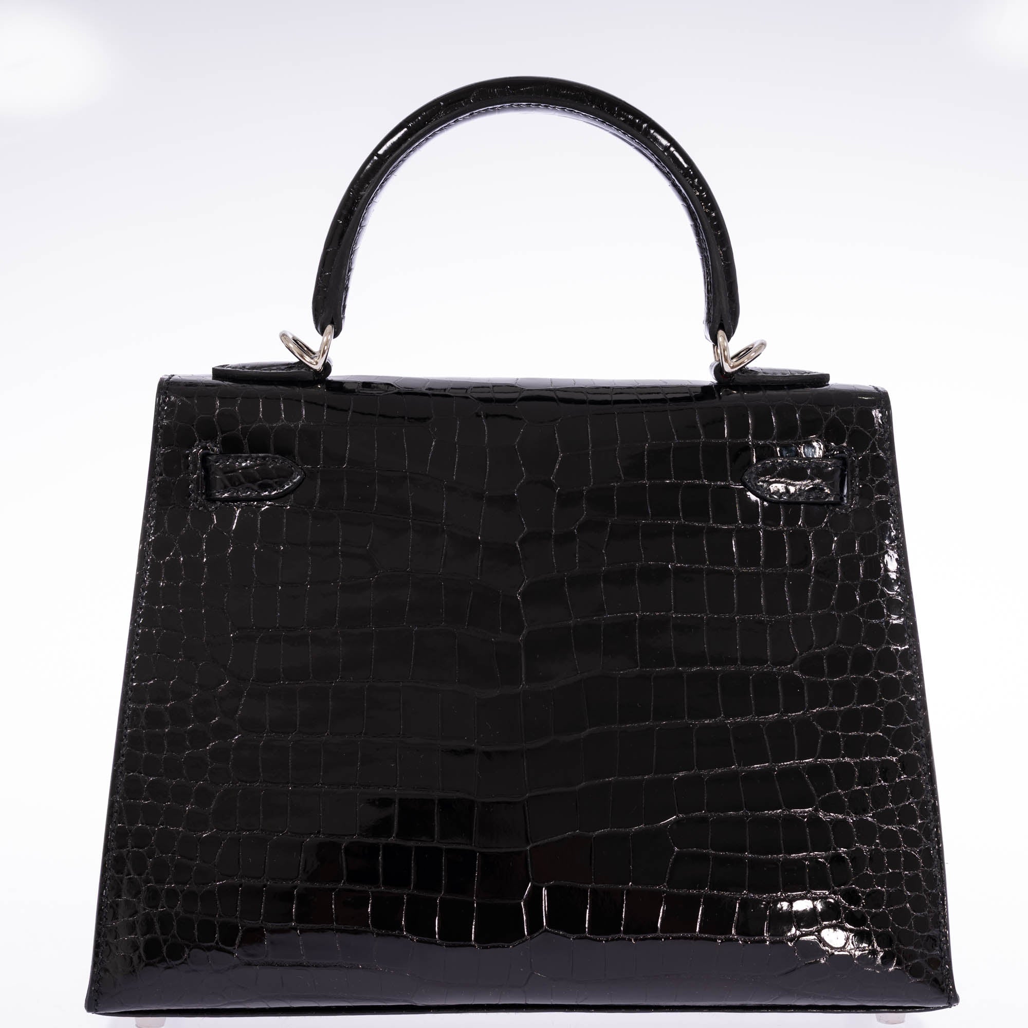 Hermès Kelly 25 Sellier Noir Shiny Porosus Crocodile Palladium Hardware