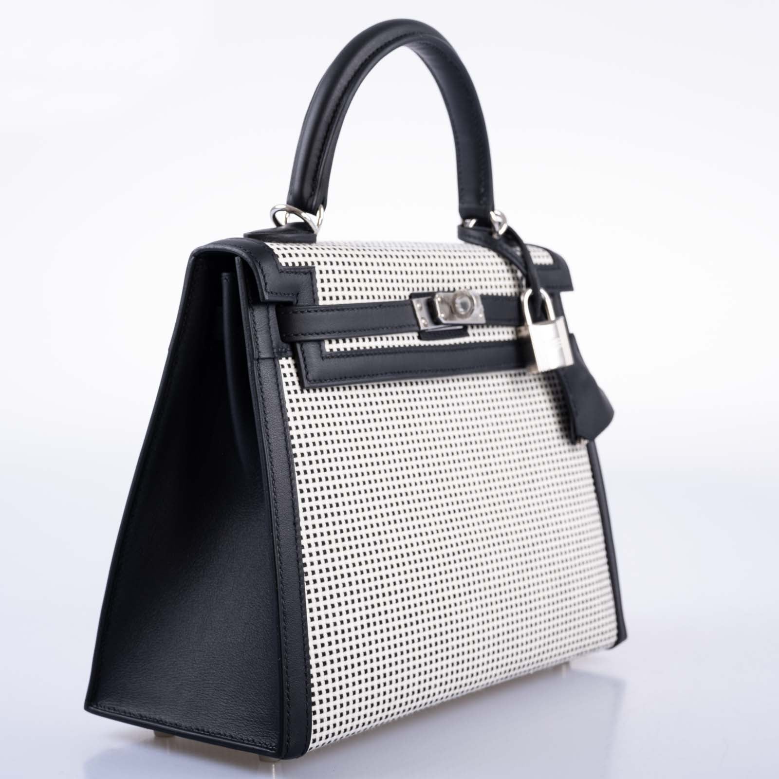 Hermès Kelly 25 Sellier Quadrille Black and White Viking Toile and Swift Palladium Hardware