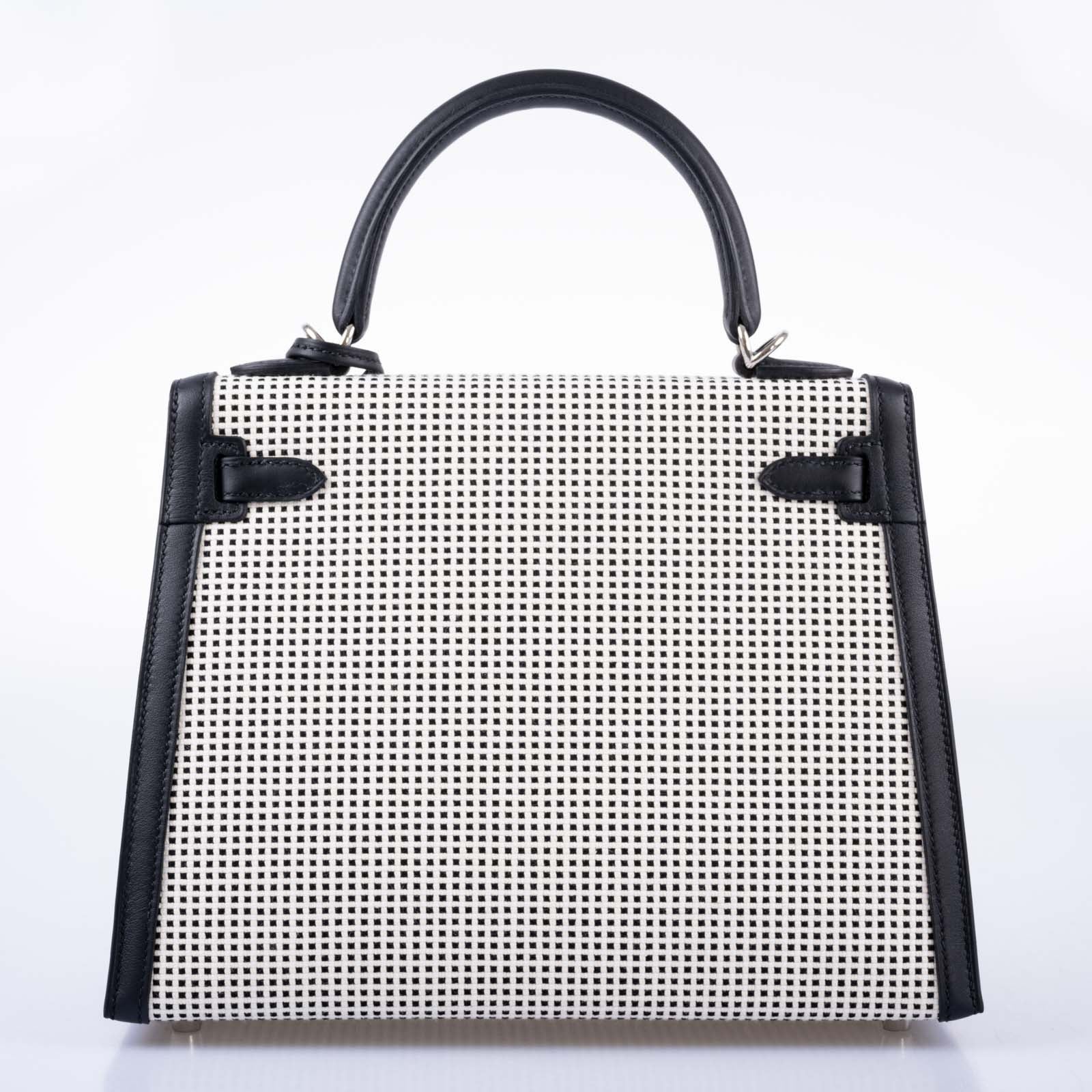 Hermès Kelly 25 Sellier Quadrille Black and White Viking Toile and Swift Palladium Hardware