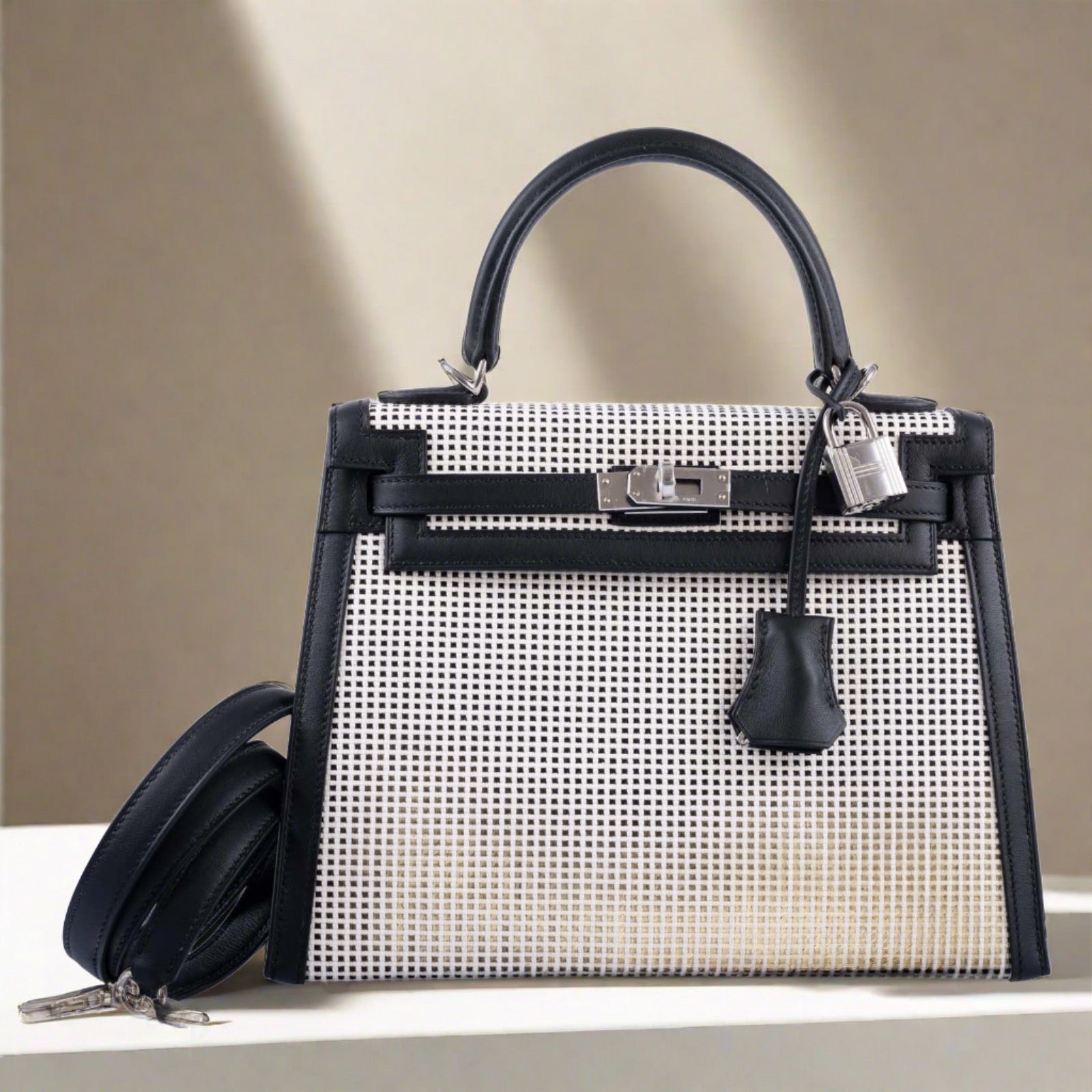 Hermès Kelly 25 Sellier Quadrille Black and White Viking Toile and Swift Palladium Hardware
