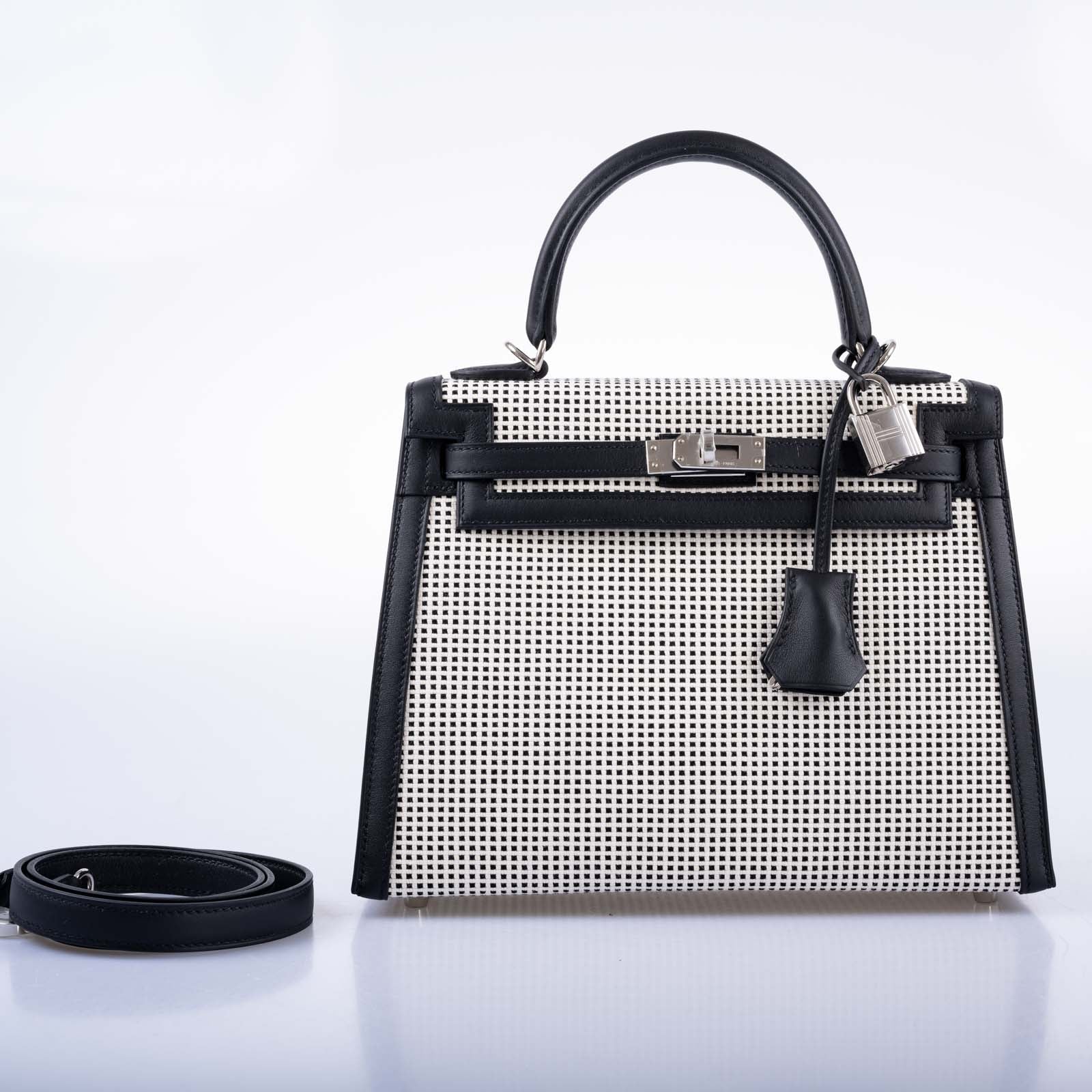 Hermès Kelly 25 Sellier Quadrille Black and White Viking Toile and Swift Palladium Hardware