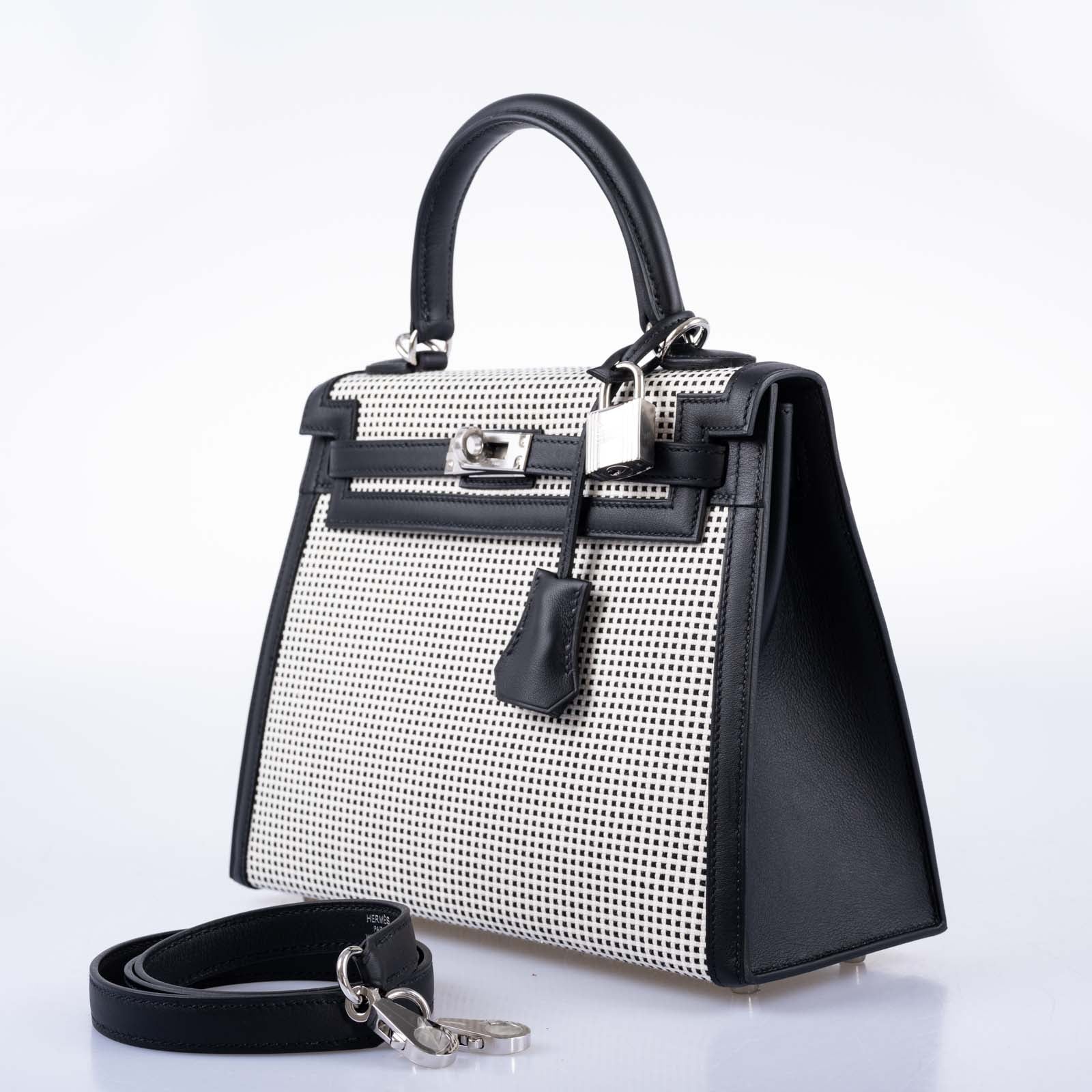 Hermès Kelly 25 Sellier Quadrille Black and White Viking Toile and Swift Palladium Hardware