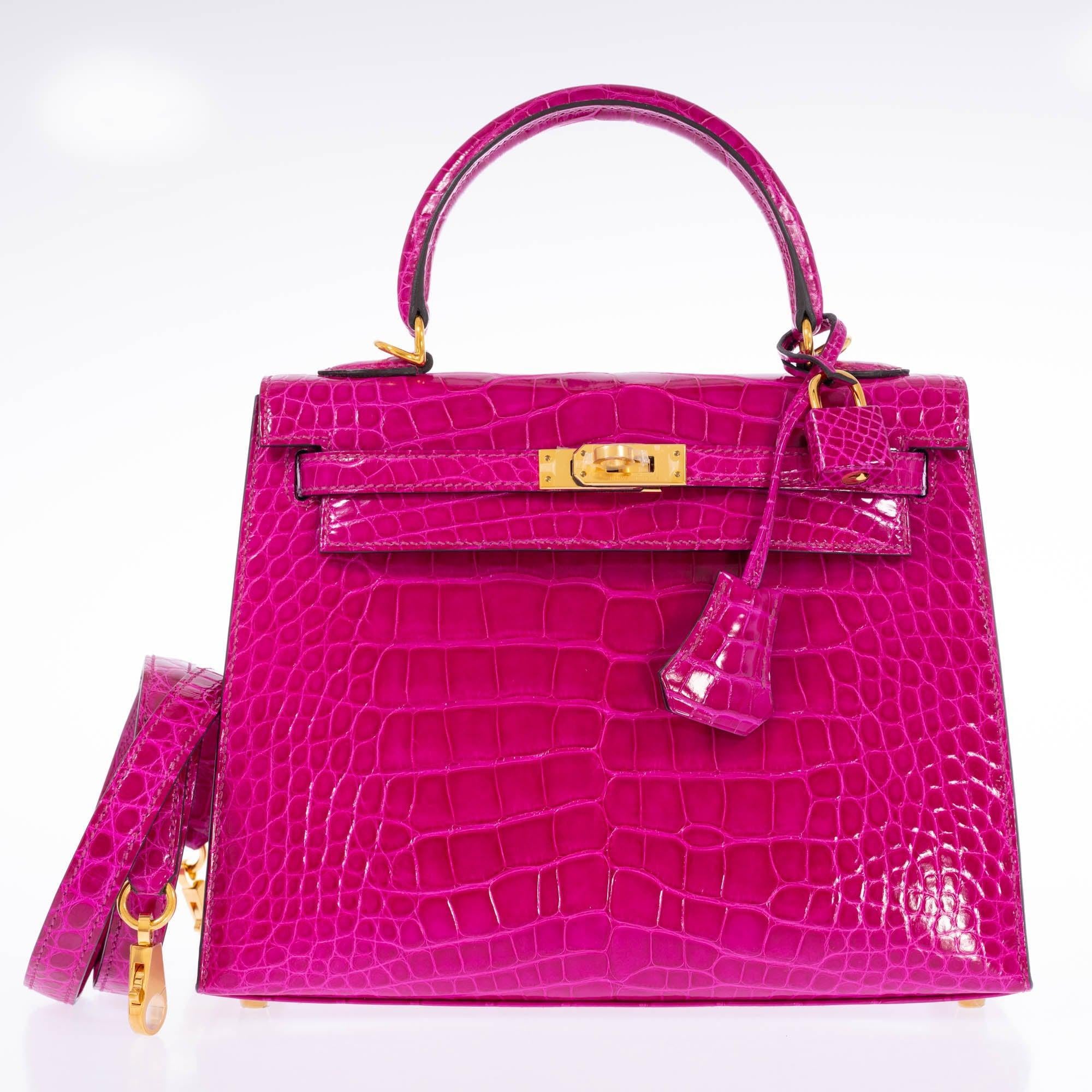 Hermès Kelly 25 Sellier Rose Pourpre Shiny Niloticus Crocodile Gold Hardware