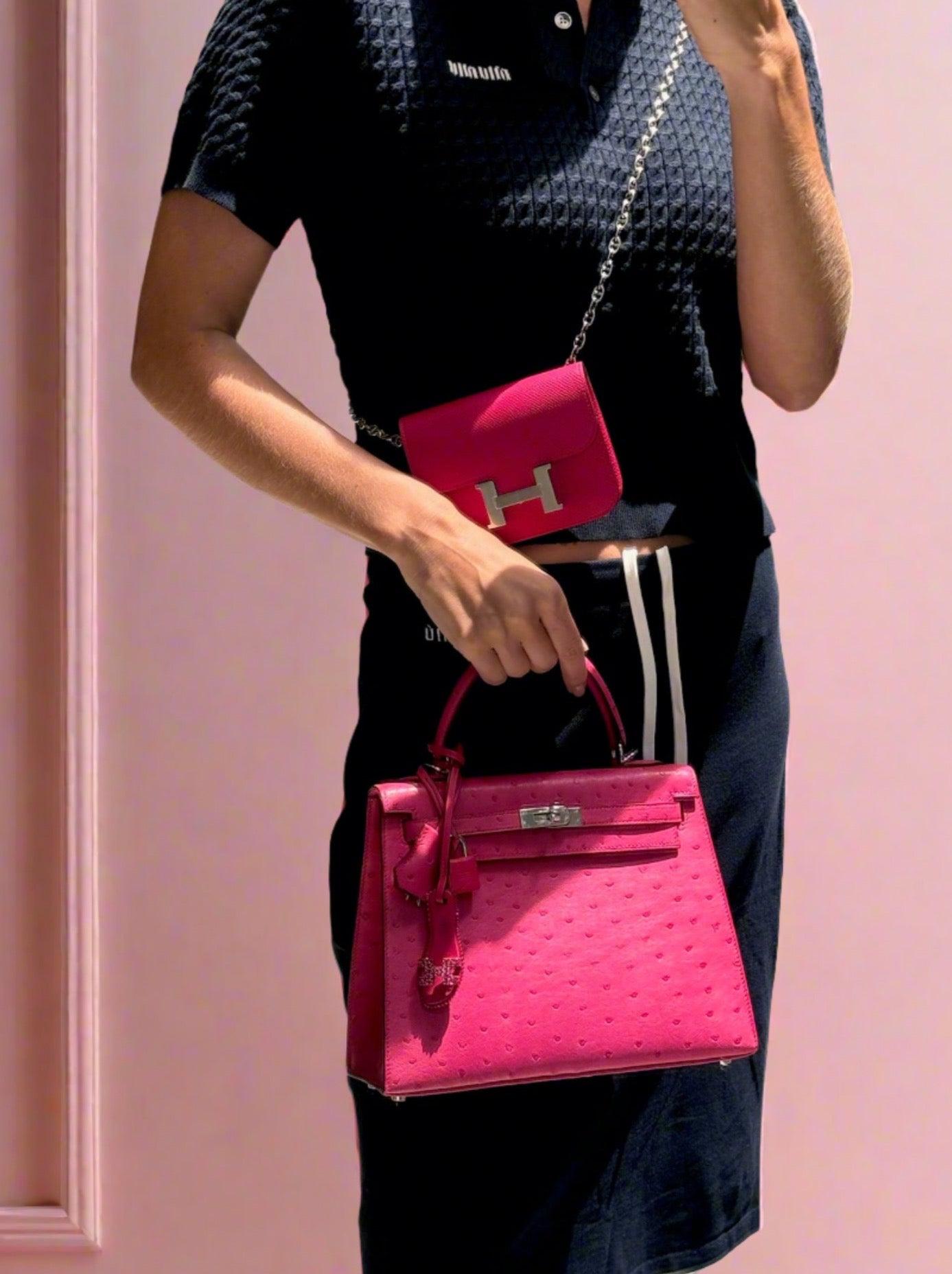 Hermès Kelly 25 Sellier Rose Tyrien Ostrich Palladium Hardware