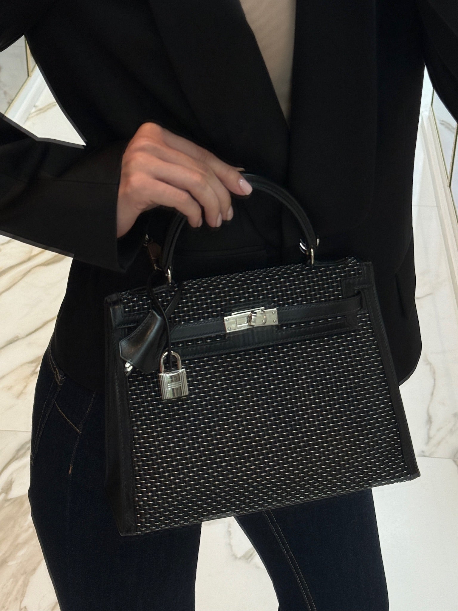 Hermès Kelly 25 Sellier Silver and Noir Crinoline Box Leather Palladium Hardware