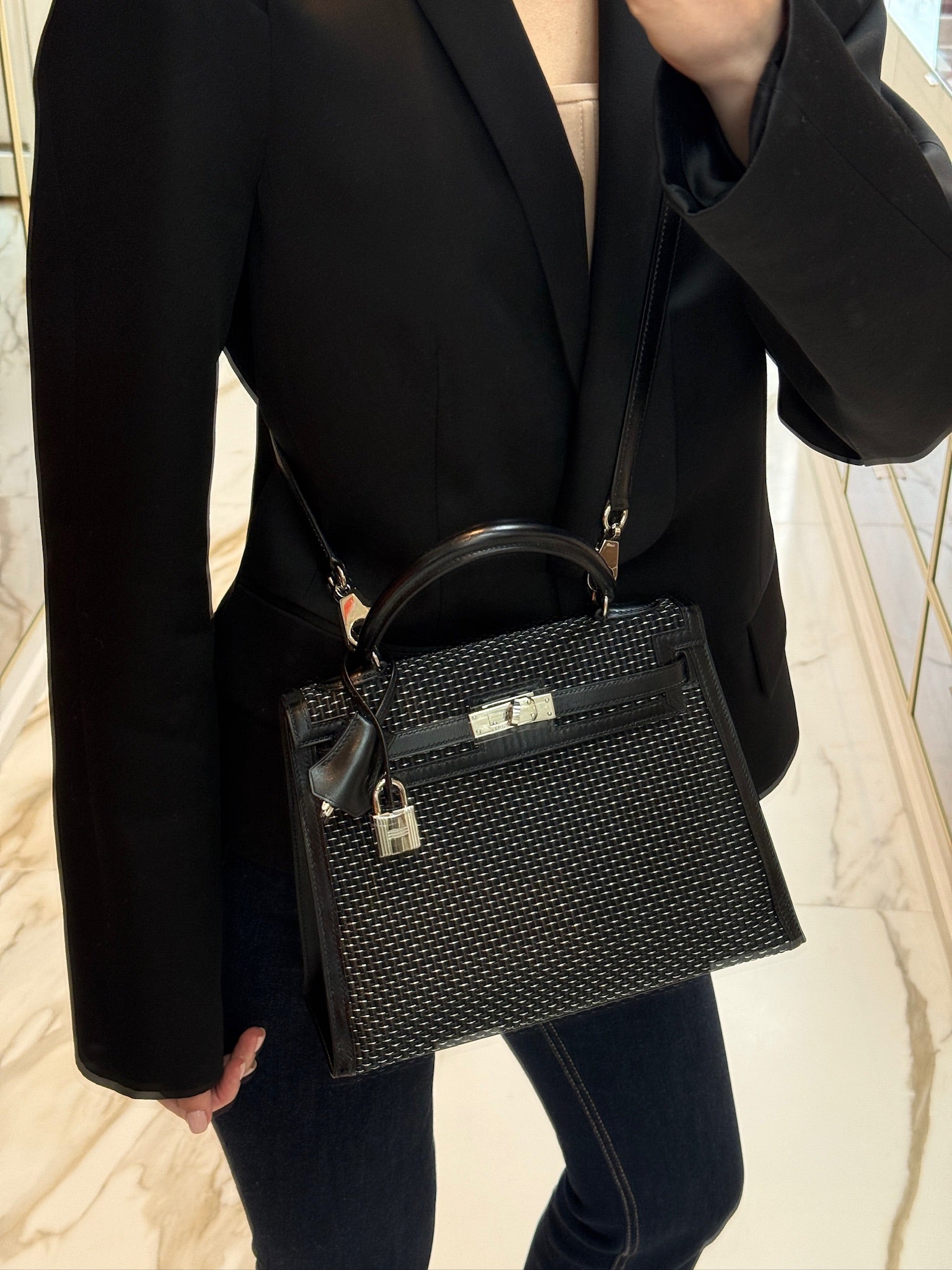 Hermès Kelly 25 Sellier Silver and Noir Crinoline Box Leather Palladium Hardware