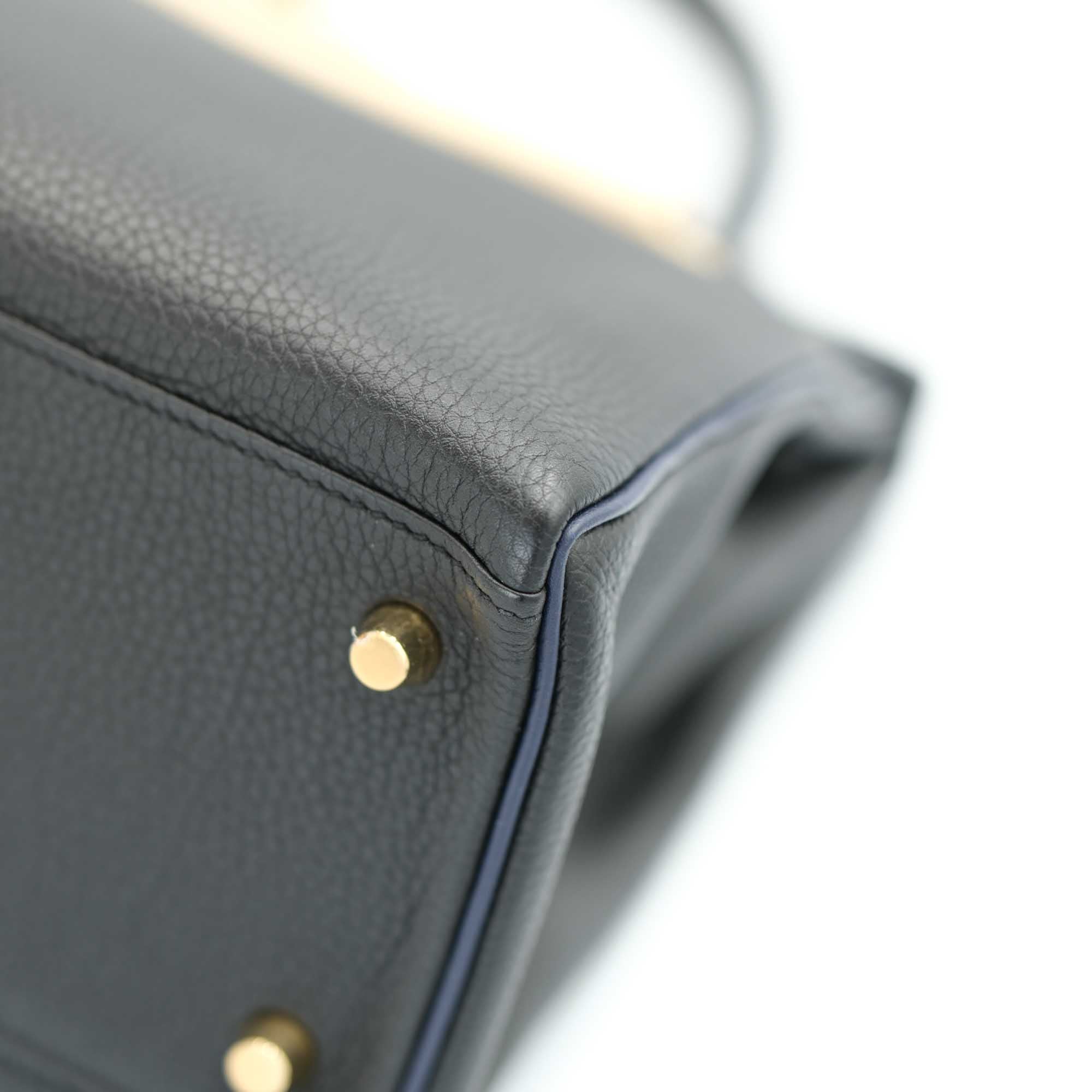 Hermès Kelly 28 HSS Retourne Black Togo with Blue Piping Gold Hardware