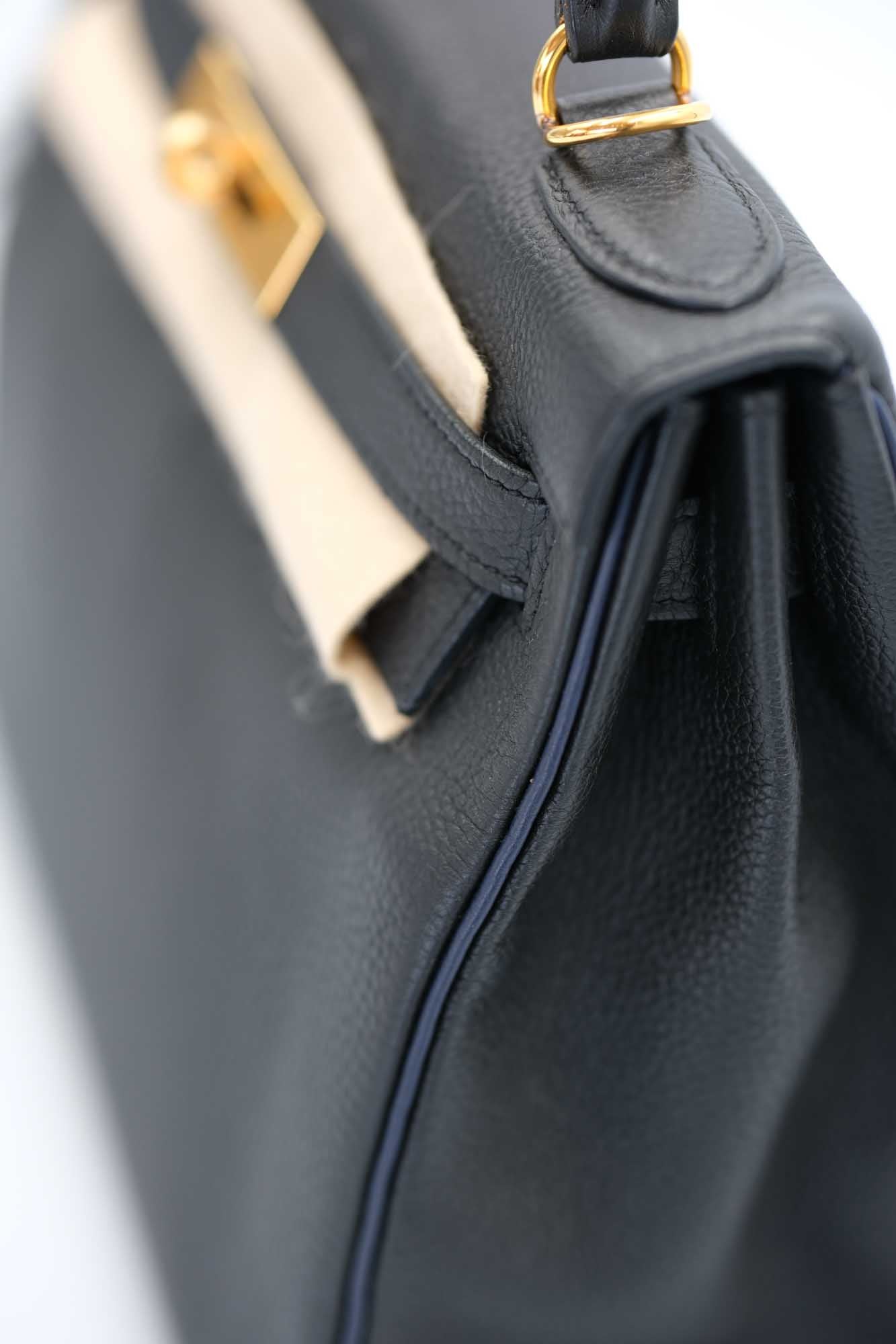 Hermès Kelly 28 HSS Retourne Black Togo with Blue Piping Gold Hardware