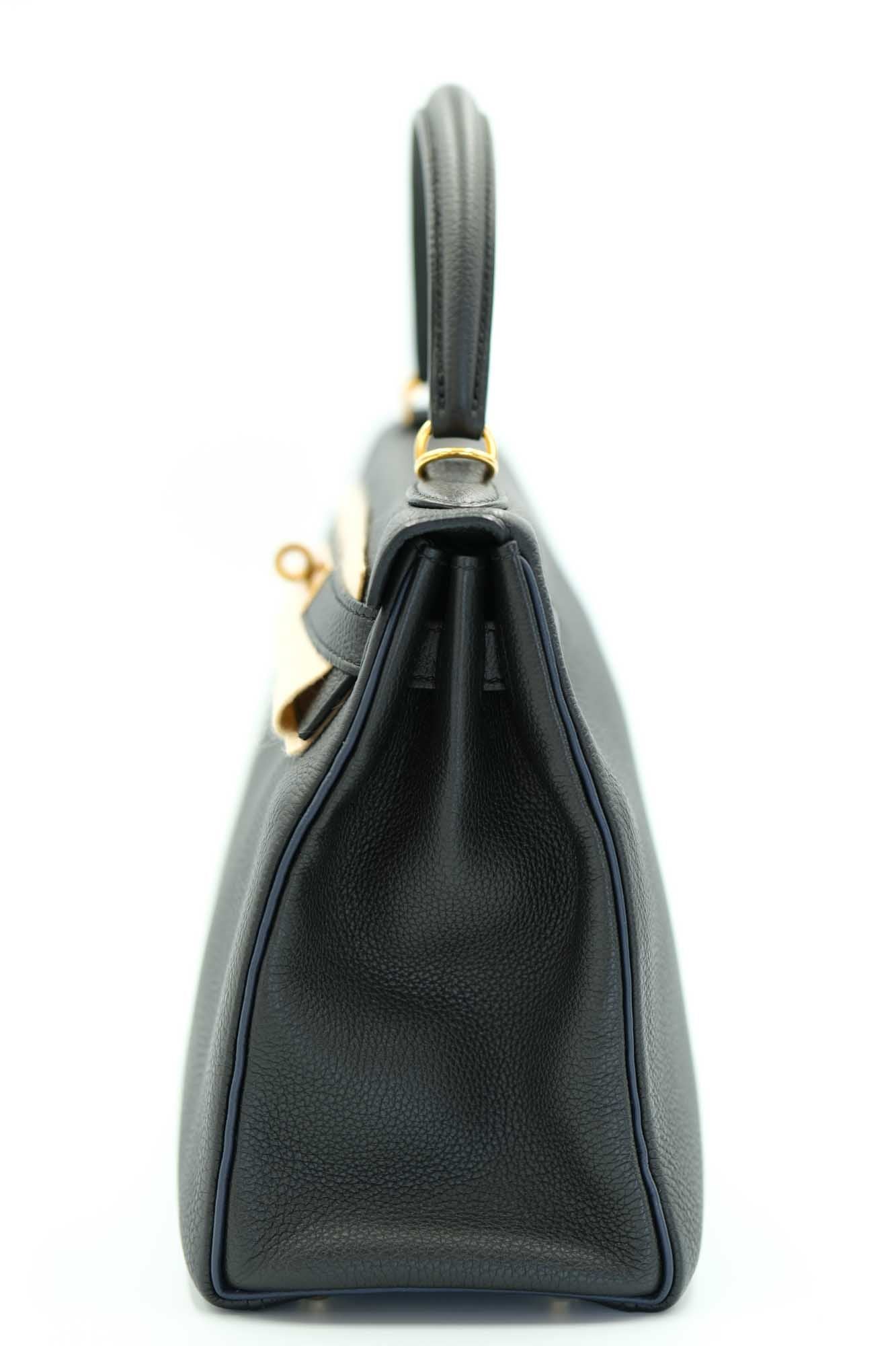 Hermès Kelly 28 HSS Retourne Black Togo with Blue Piping Gold Hardware