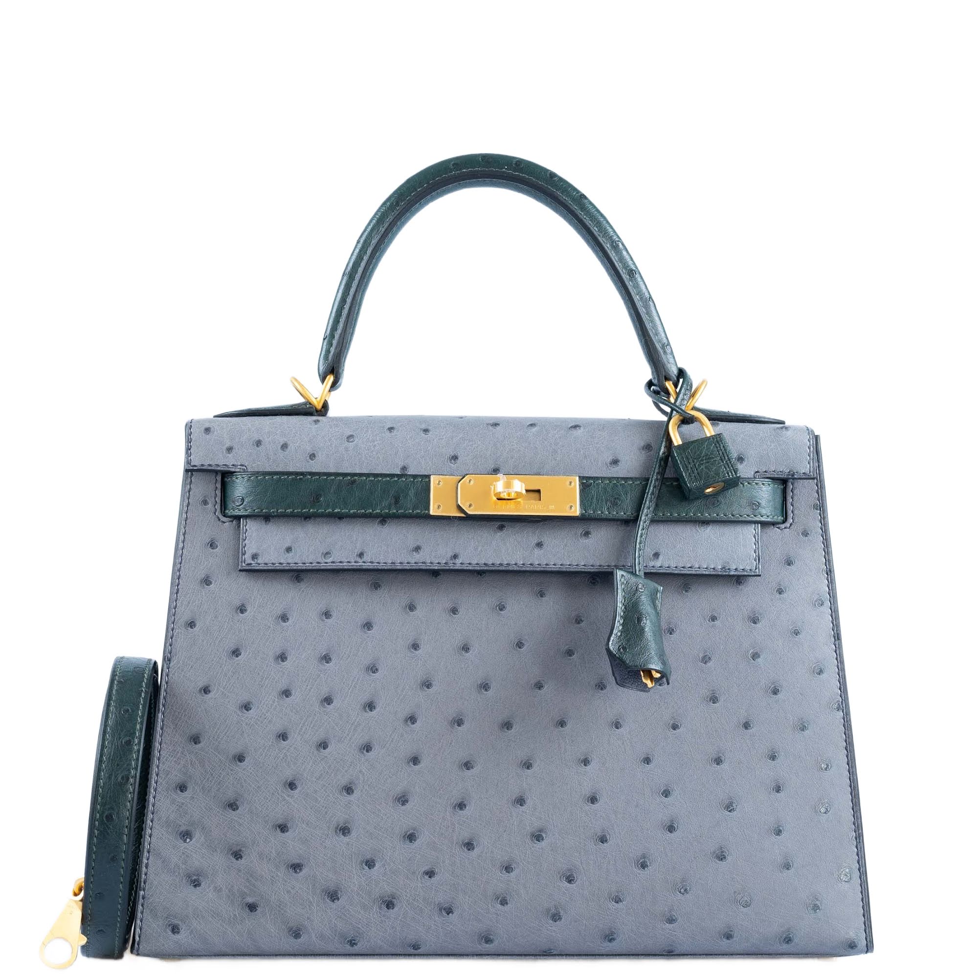 Hermès Kelly 28 HSS Sellier Gris Agate and Vert Titien Ostrich Brushed Gold Hardware