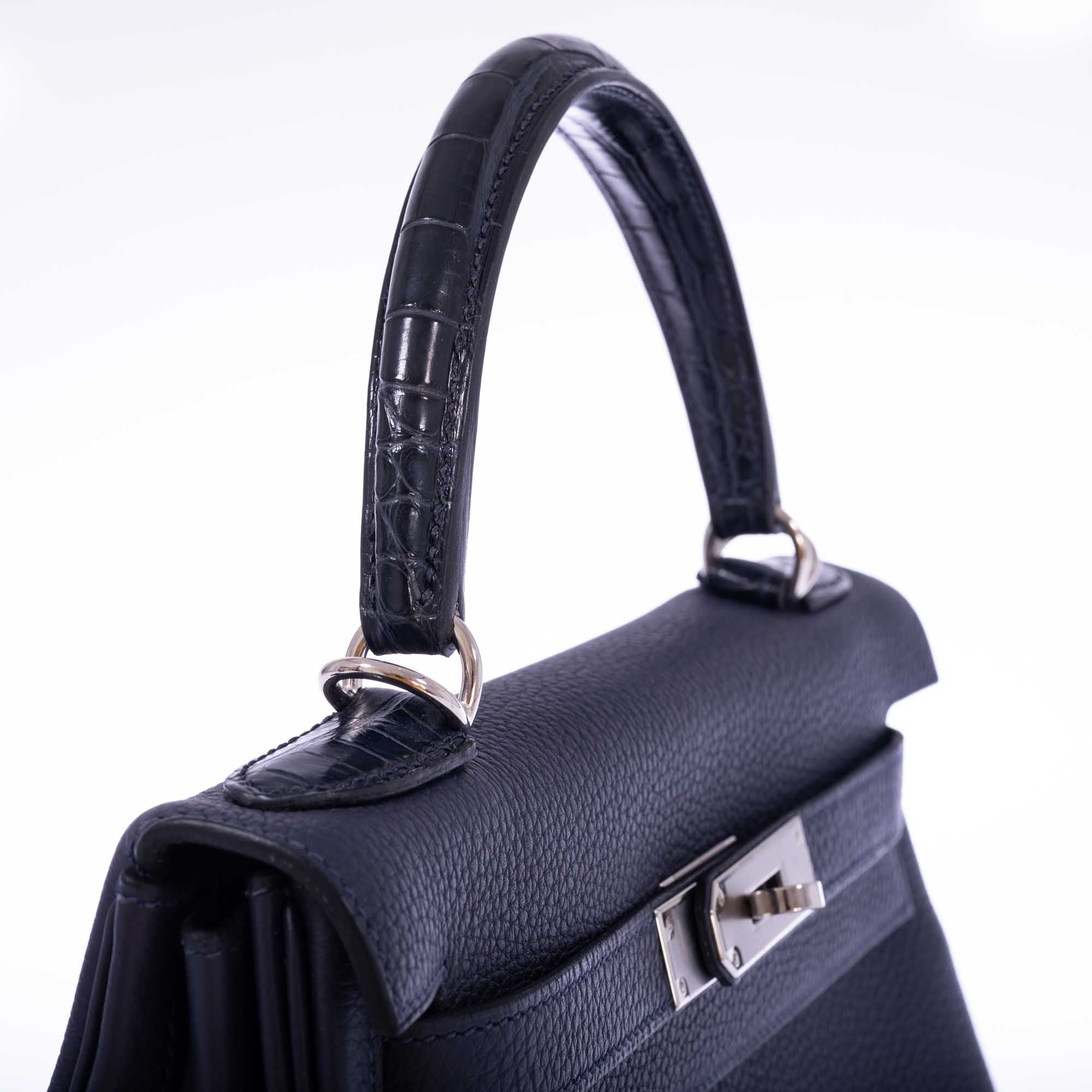 Hermès Kelly 28 Retourne Touch Bleu Nuit Togo and Bleu Marine Alligator Palladium Hardware