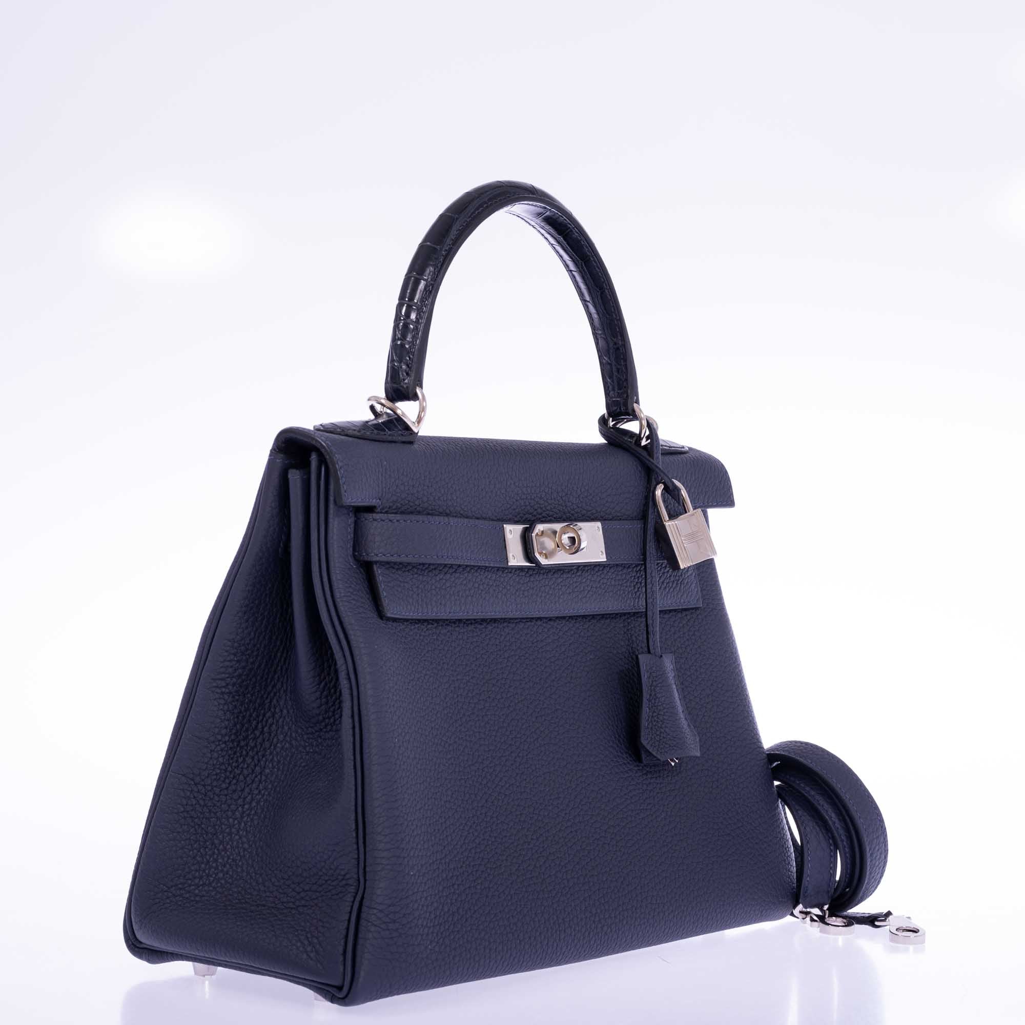 Hermès Kelly 28 Retourne Touch Bleu Nuit Togo and Bleu Marine Alligator Palladium Hardware
