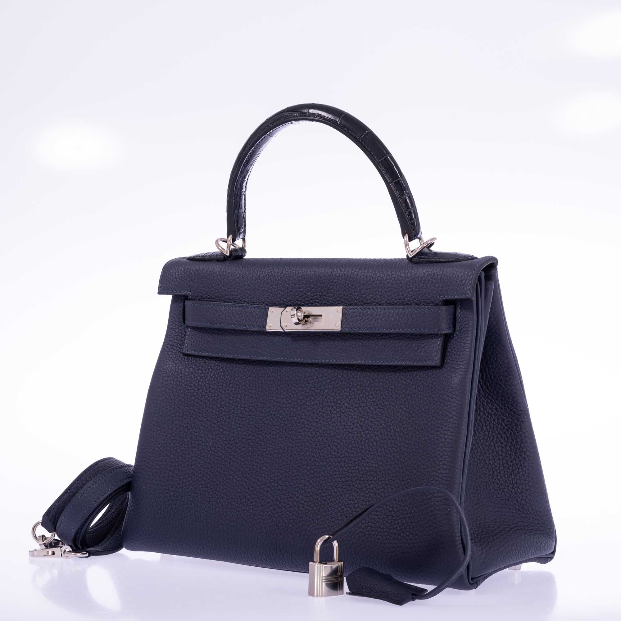 Hermès Kelly 28 Retourne Touch Bleu Nuit Togo and Bleu Marine Alligator Palladium Hardware