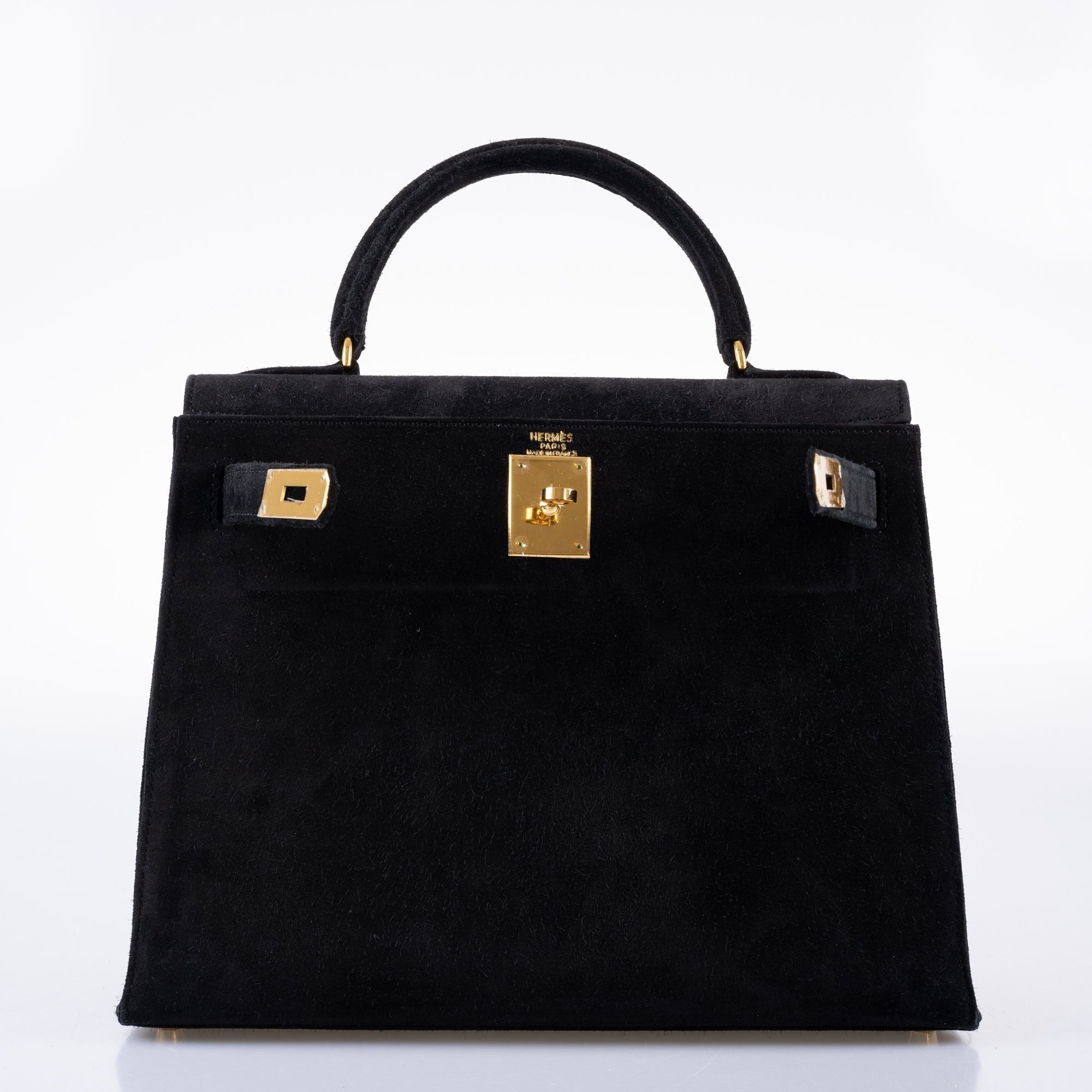 Hermès Kelly 28 Sellier Black Doblis Suede Gold Hardware