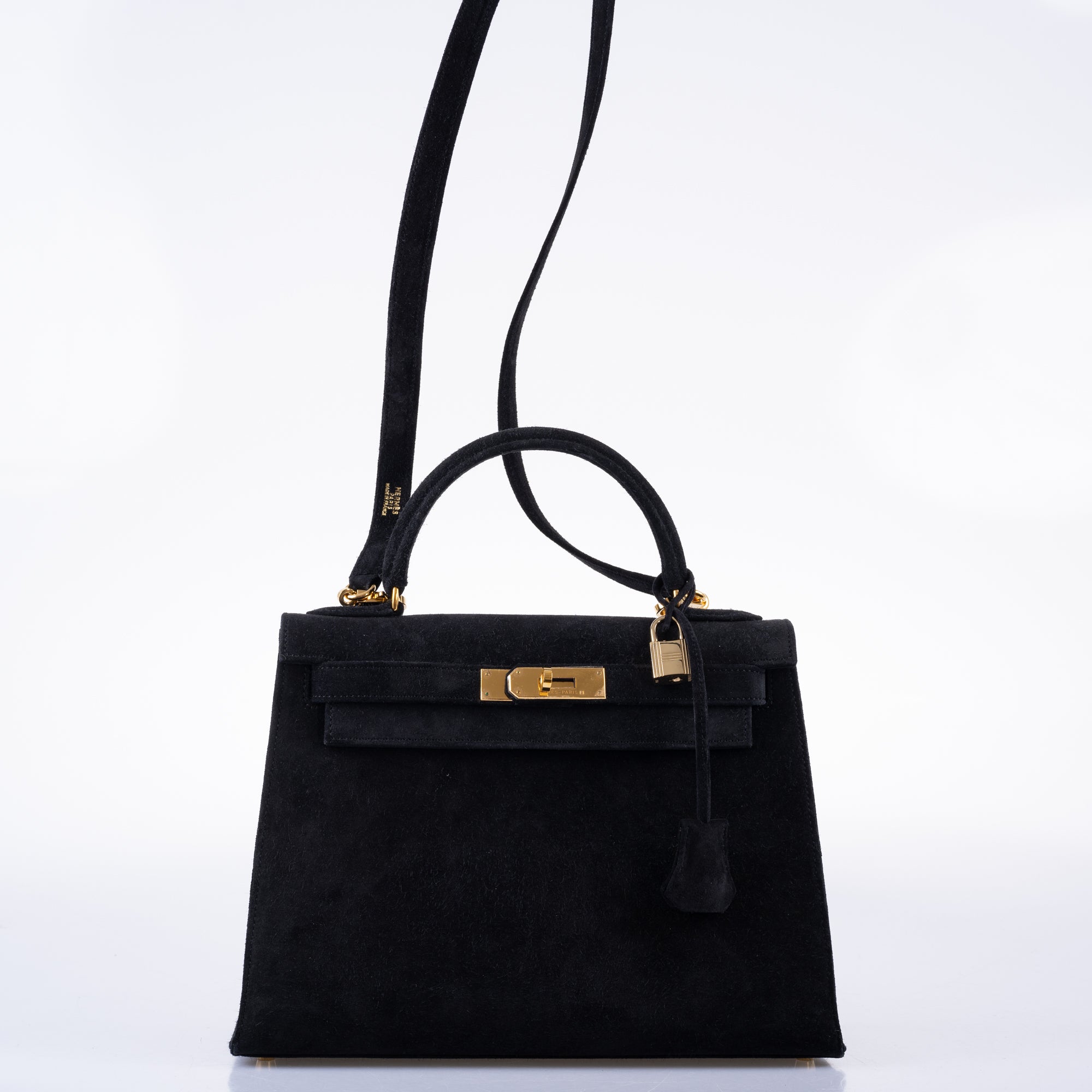 Hermès Kelly 28 Sellier Black Doblis Suede Gold Hardware