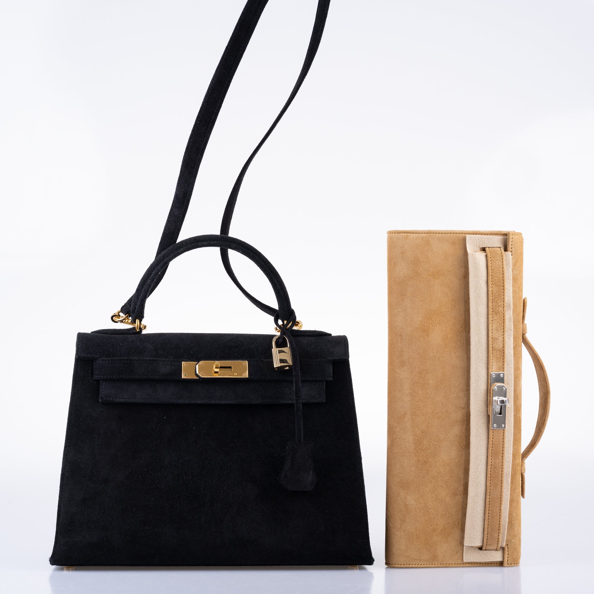Hermès Kelly 28 Sellier Black Doblis Suede Gold Hardware