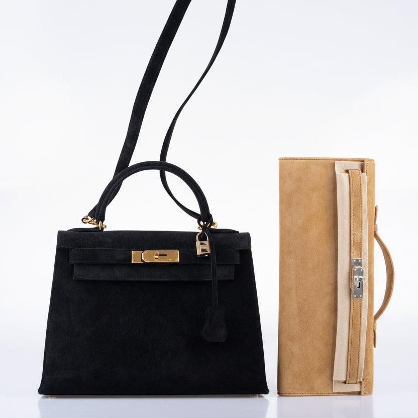 Hermès Kelly 28 Sellier Black Doblis Suede Gold Hardware