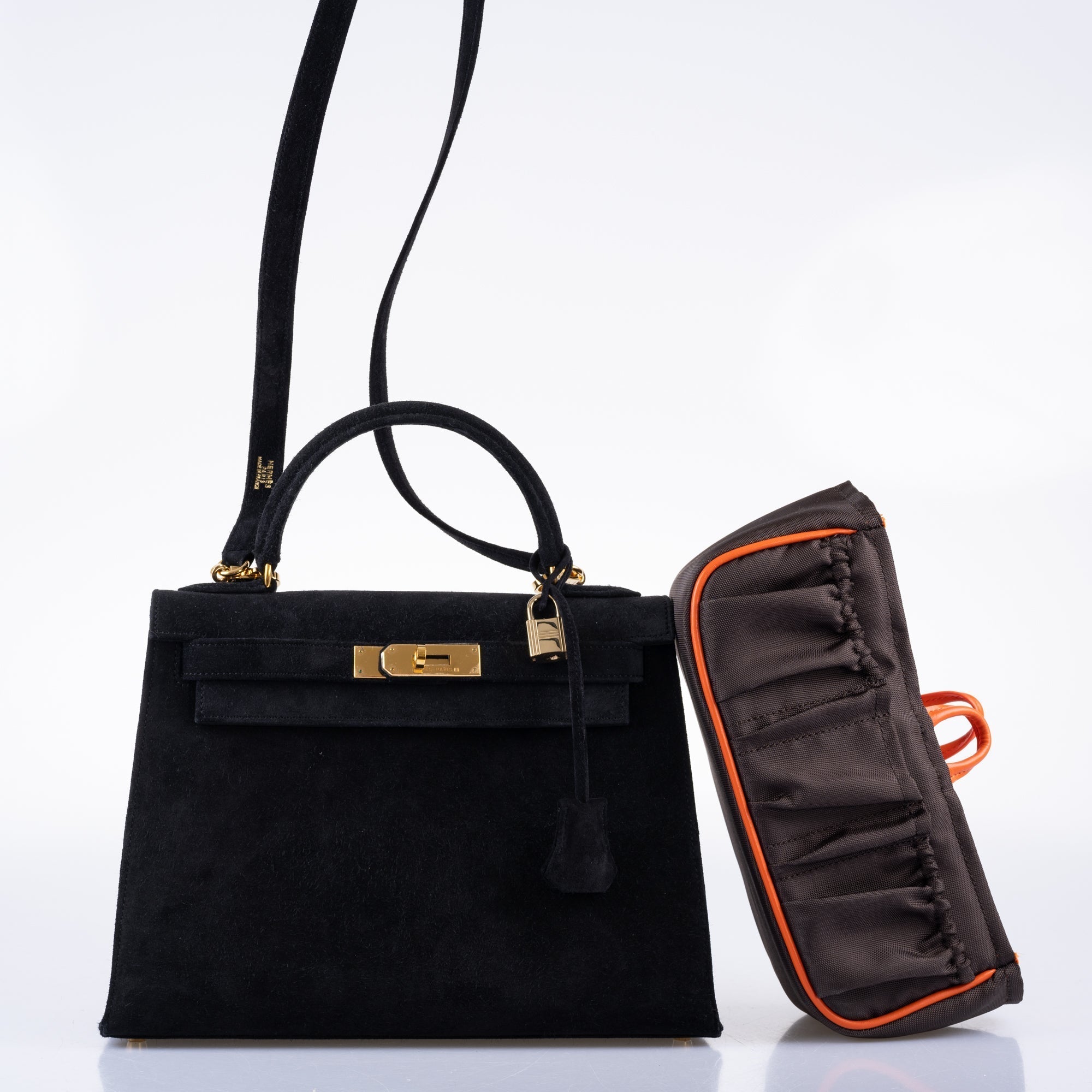Hermès Kelly 28 Sellier Black Doblis Suede Gold Hardware