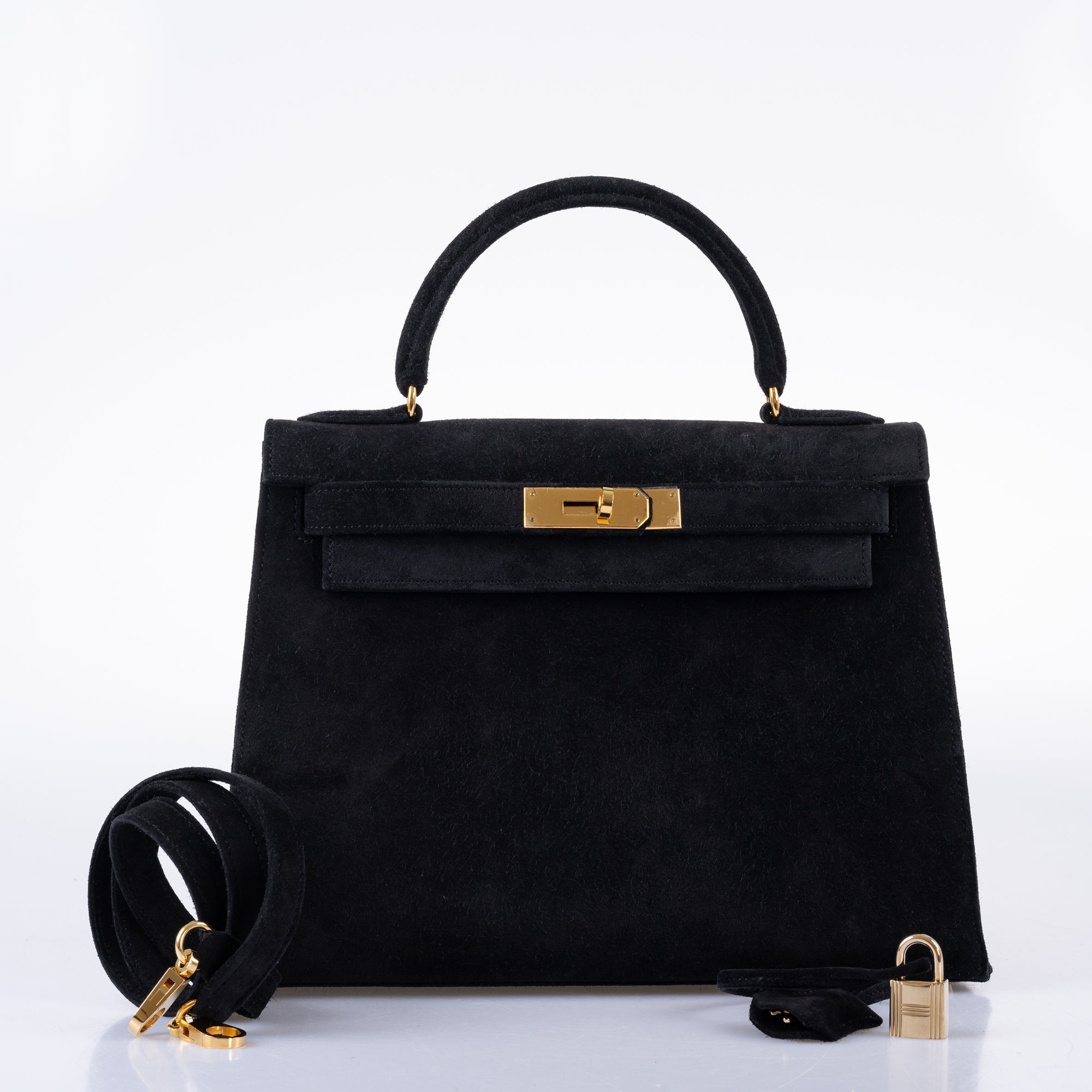 Hermès Kelly 28 Sellier Black Doblis Suede Gold Hardware