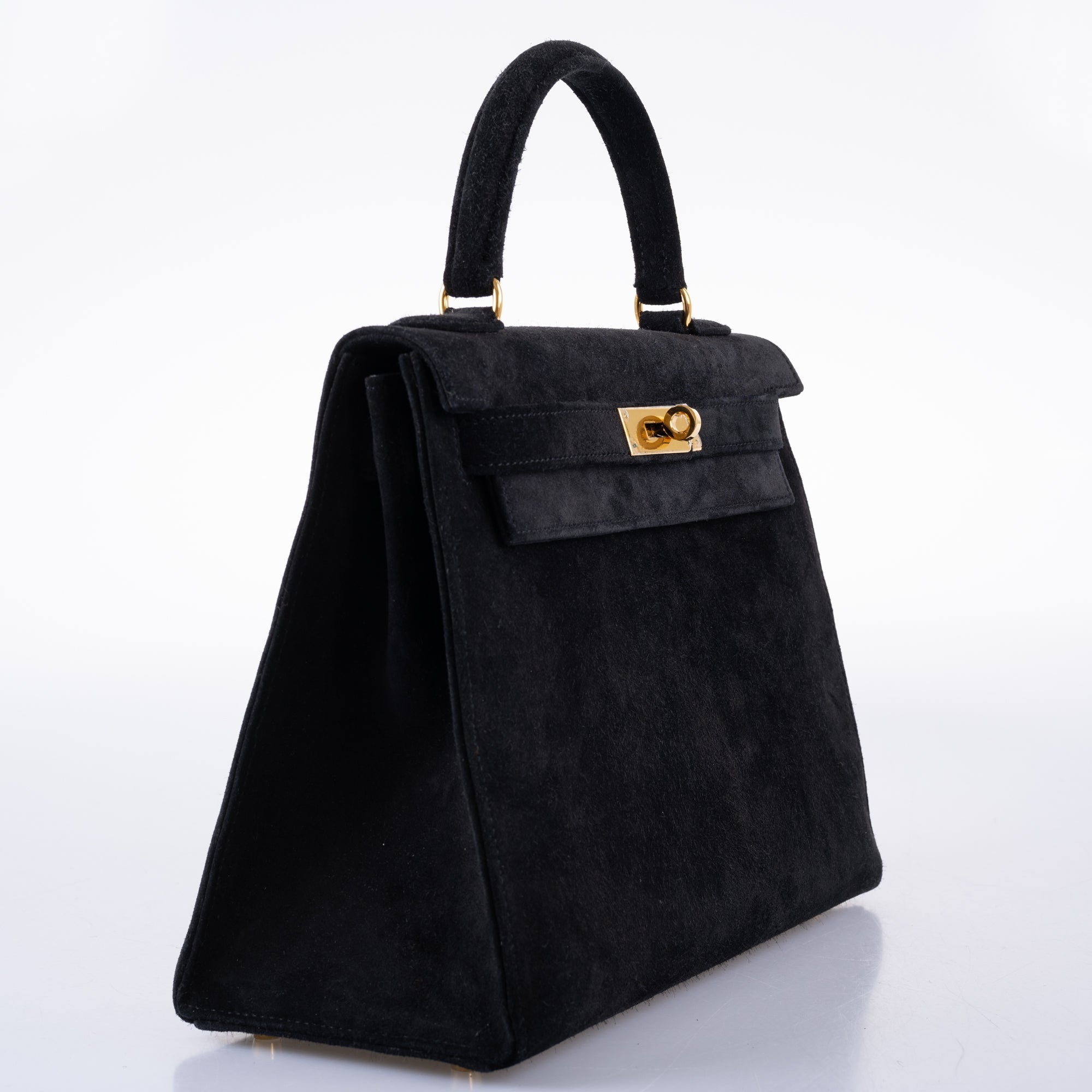 Hermès Kelly 28 Sellier Black Doblis Suede Gold Hardware