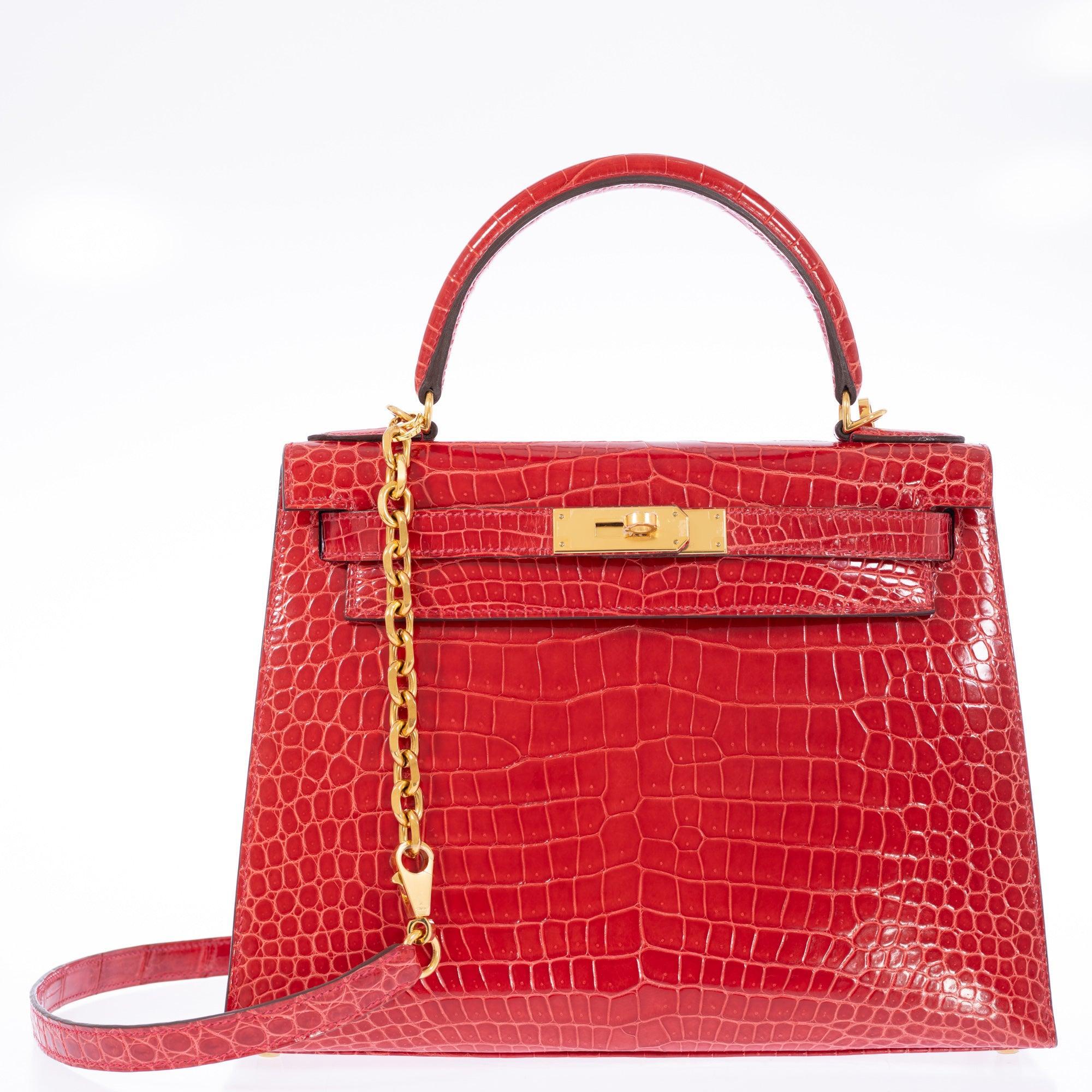 Hermès Kelly 28 Sellier Braise Shiny Porosus Crocodile Gold Hardware