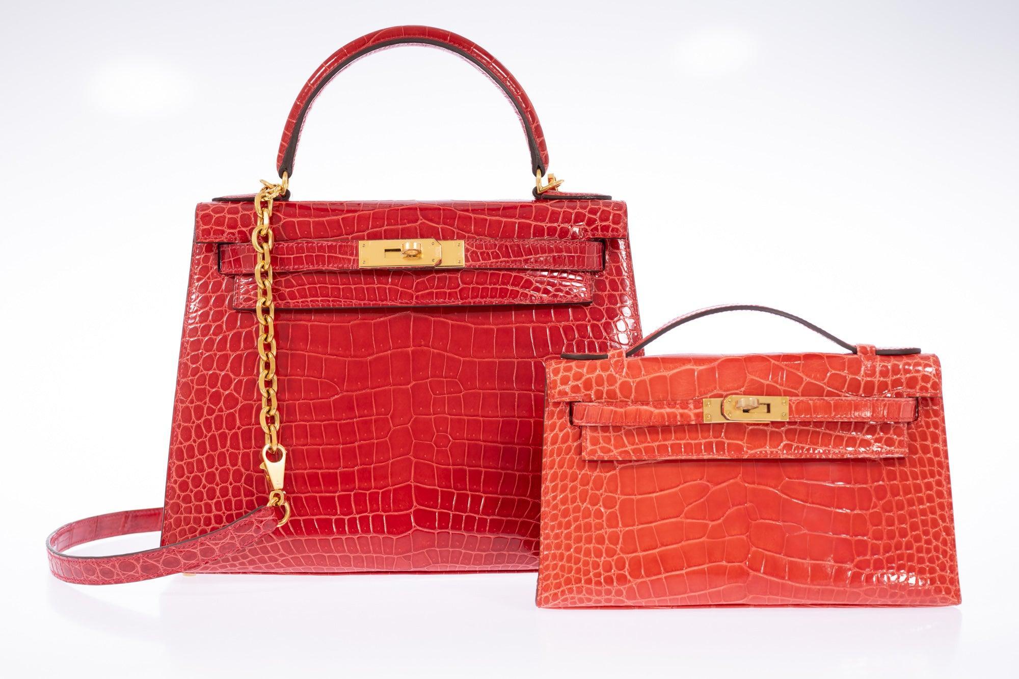 Hermès Kelly 28 Sellier Braise Shiny Porosus Crocodile Gold Hardware