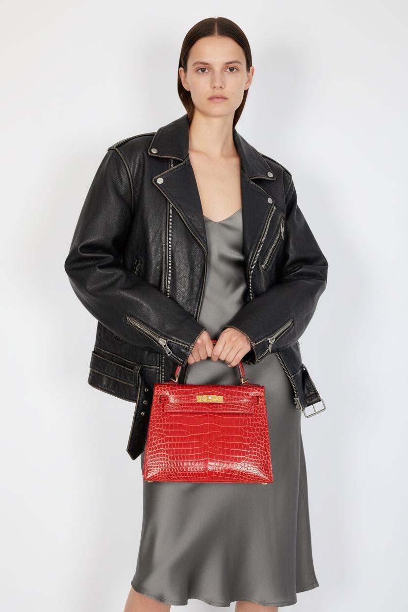 Hermès Kelly 28 Sellier Braise Shiny Porosus Crocodile Gold Hardware