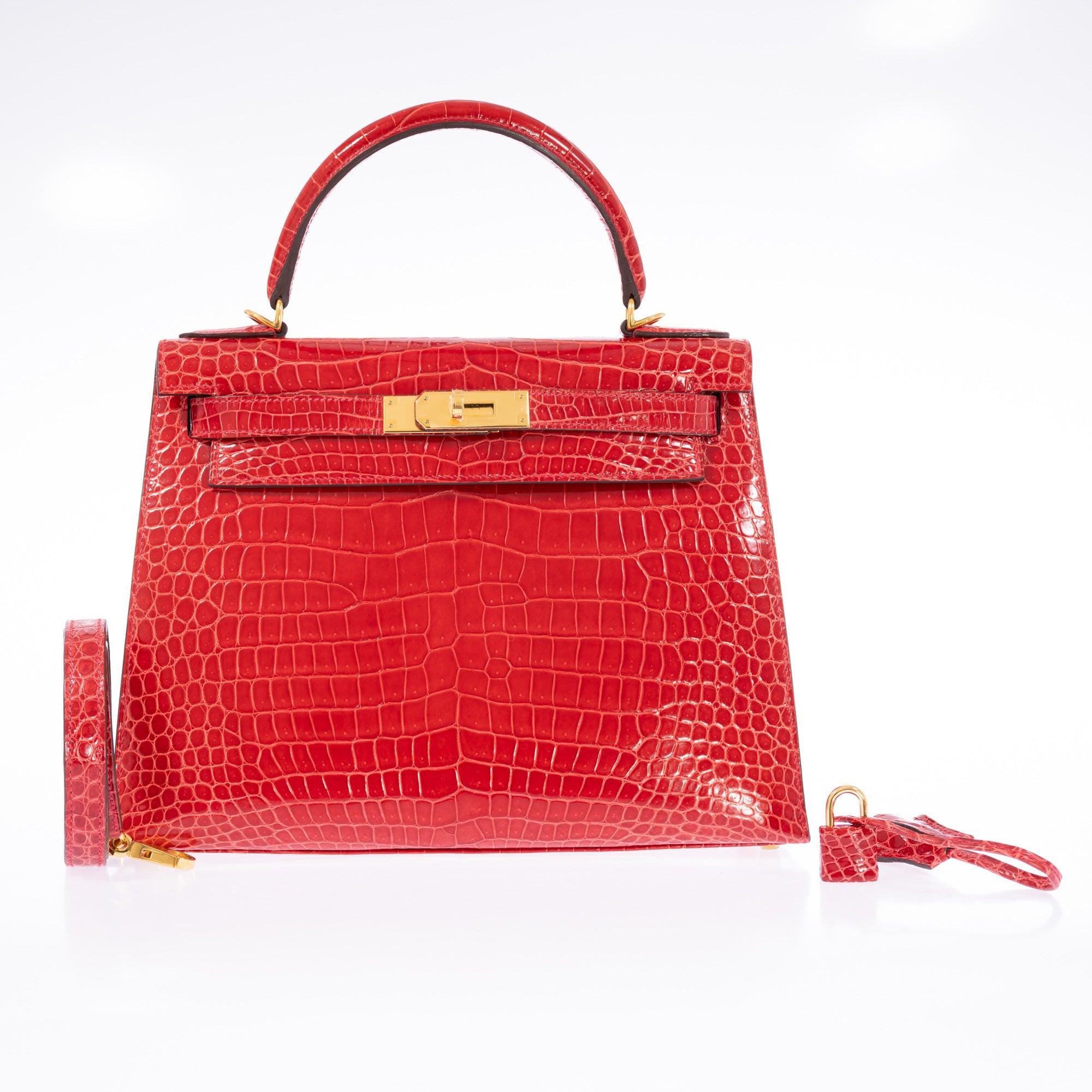 Hermès Kelly 28 Sellier Braise Shiny Porosus Crocodile Gold Hardware