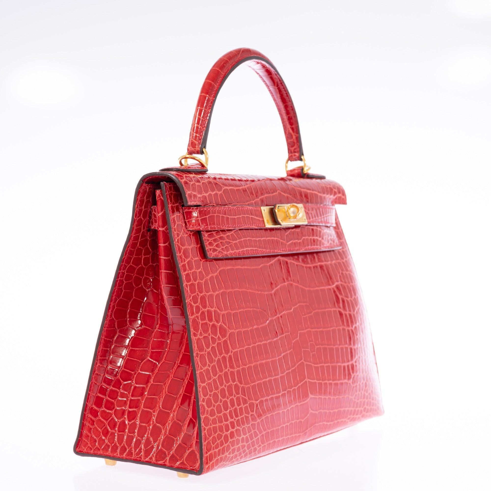 Hermès Kelly 28 Sellier Braise Shiny Porosus Crocodile Gold Hardware