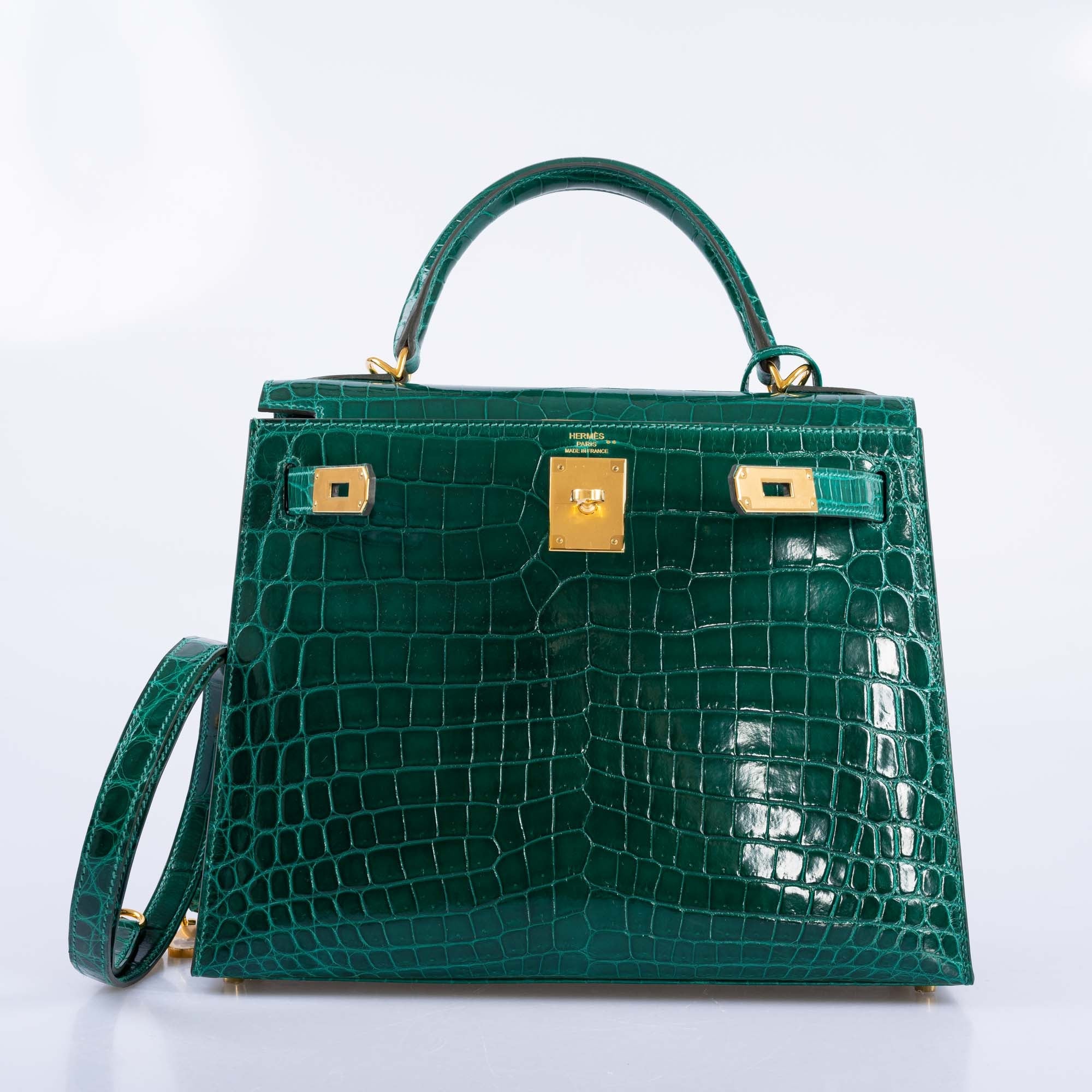 Hermès Kelly 28 Sellier Emerald Shiny Nilo Crocodile Gold Hardware