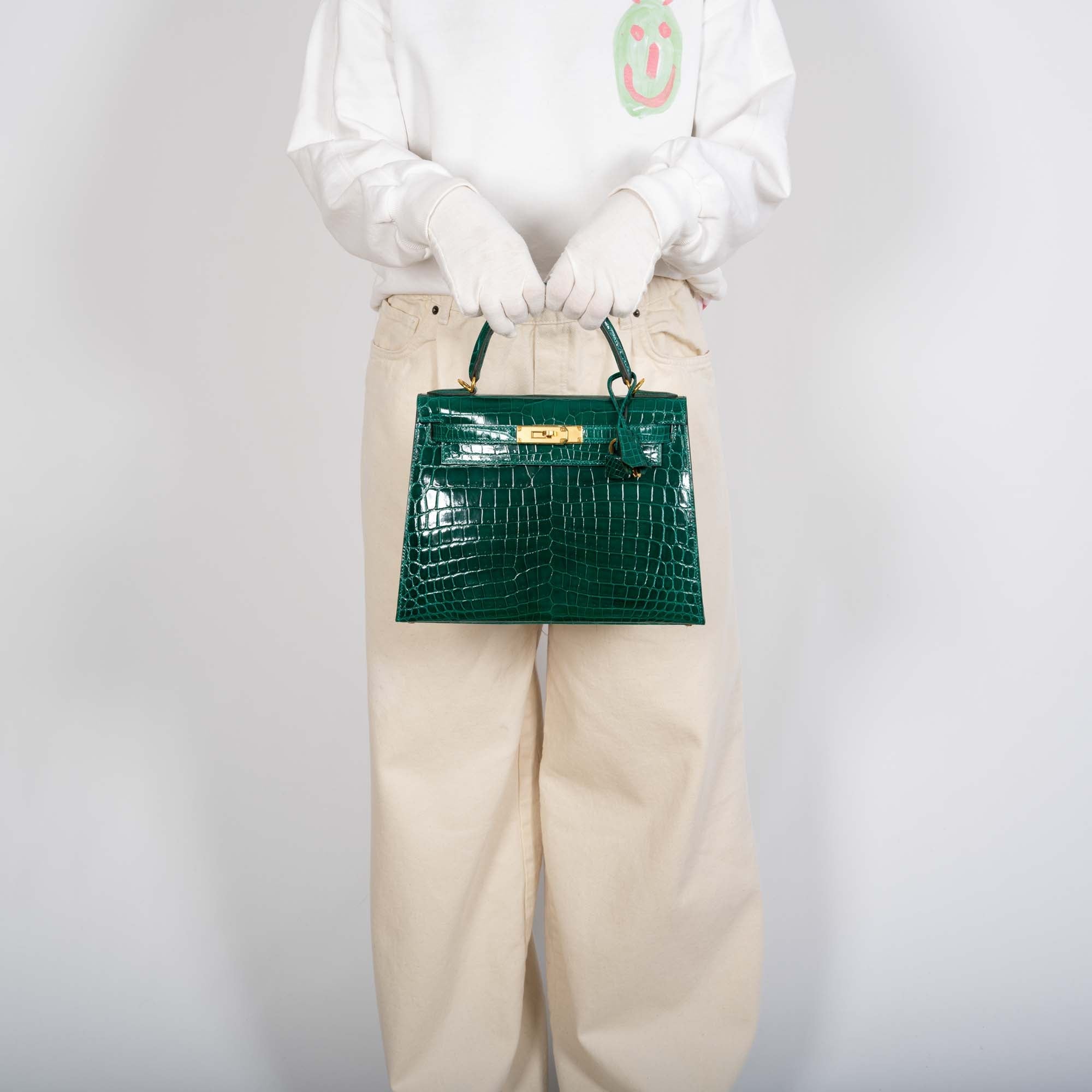 Hermès Kelly 28 Sellier Emerald Shiny Nilo Crocodile Gold Hardware