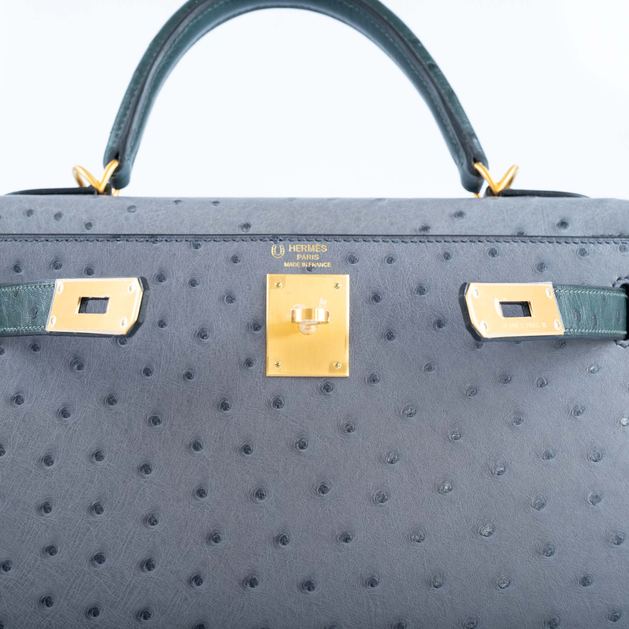 Hermès Kelly 28 Sellier HSS Special Order Gris Agate & Vert Titien Ostrich Brushed Gold Hardware