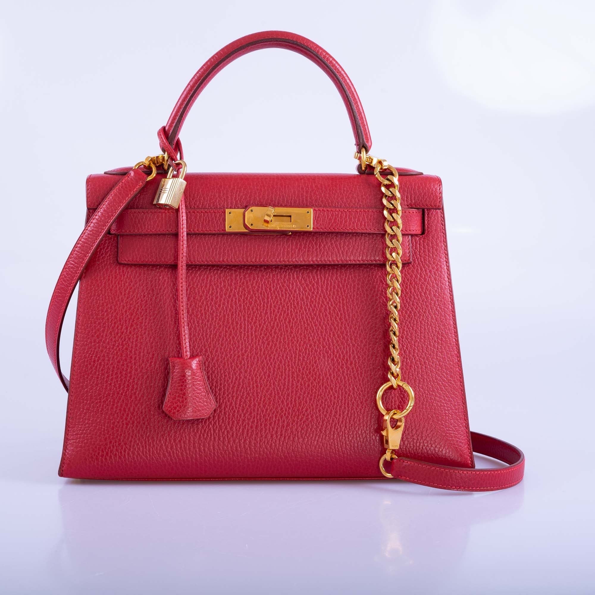 Hermès Kelly 28 Sellier Rouge Vif Ardenne with Gold Hardware