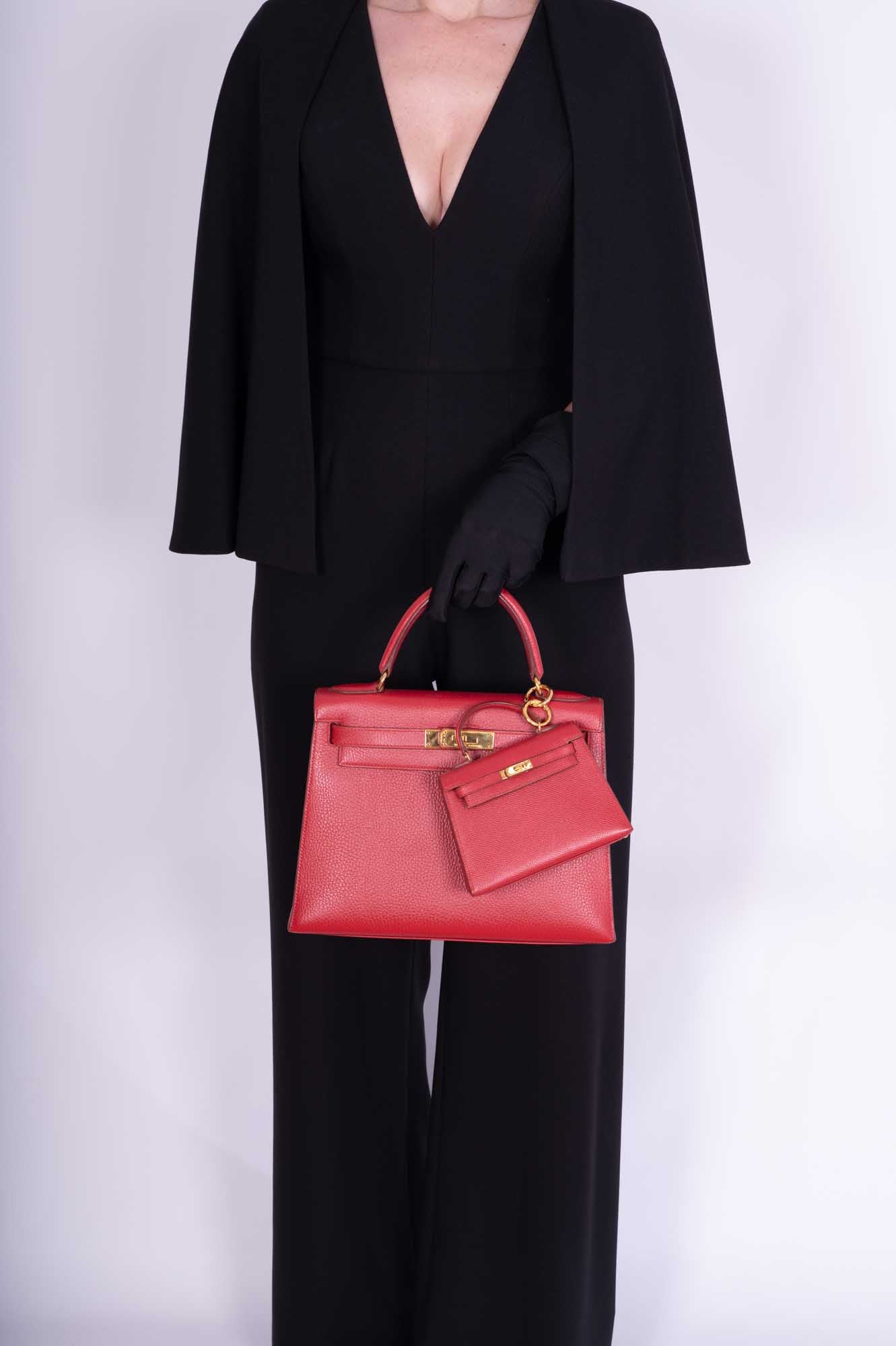 Hermès Kelly 28 Sellier Rouge Vif Ardenne with Gold Hardware