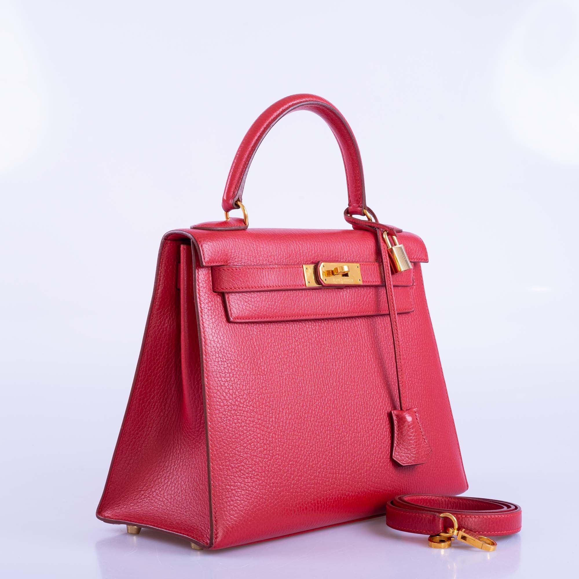 Hermès Kelly 28 Sellier Rouge Vif Ardenne with Gold Hardware