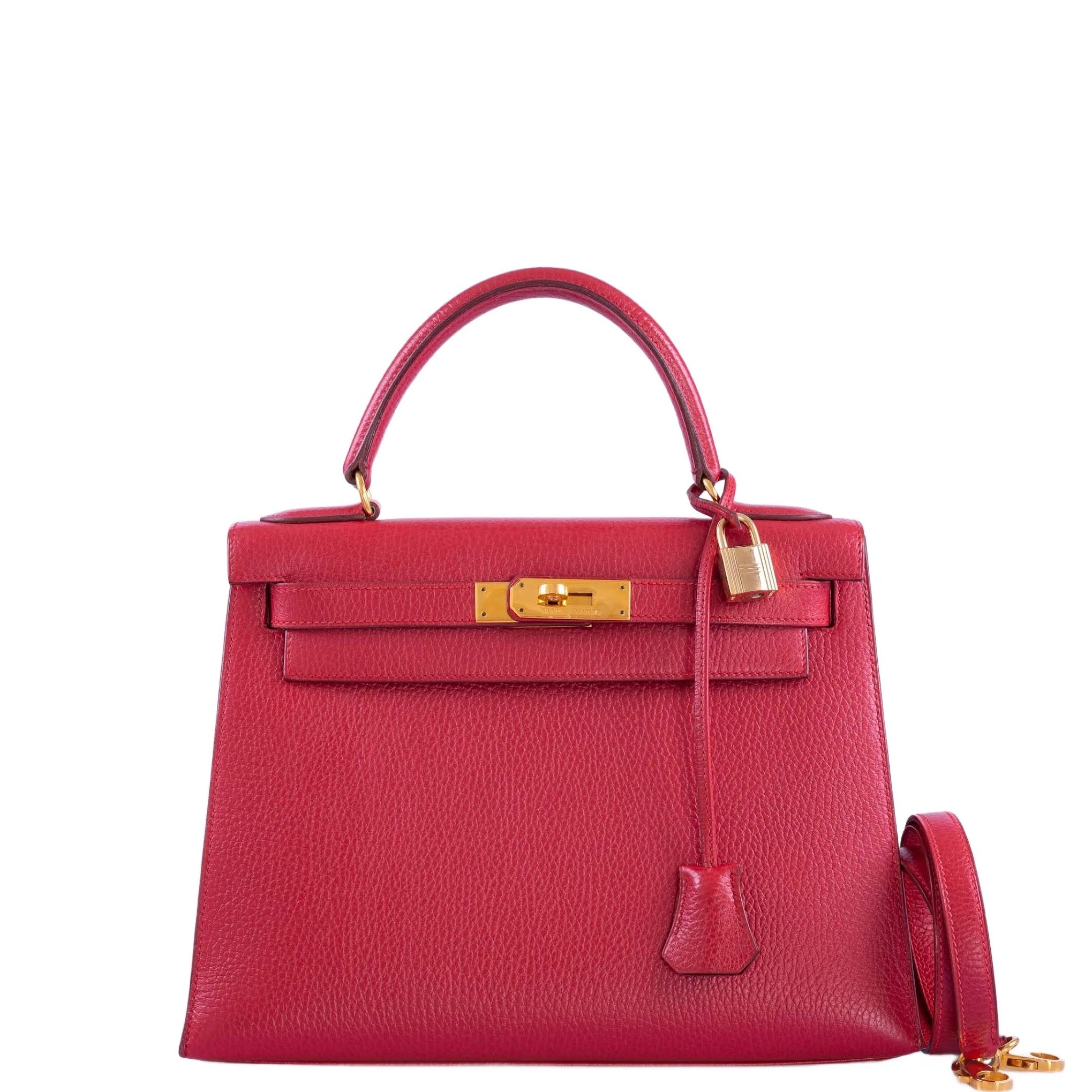 Hermès Kelly 28 Sellier Rouge Vif Ardenne with Gold Hardware