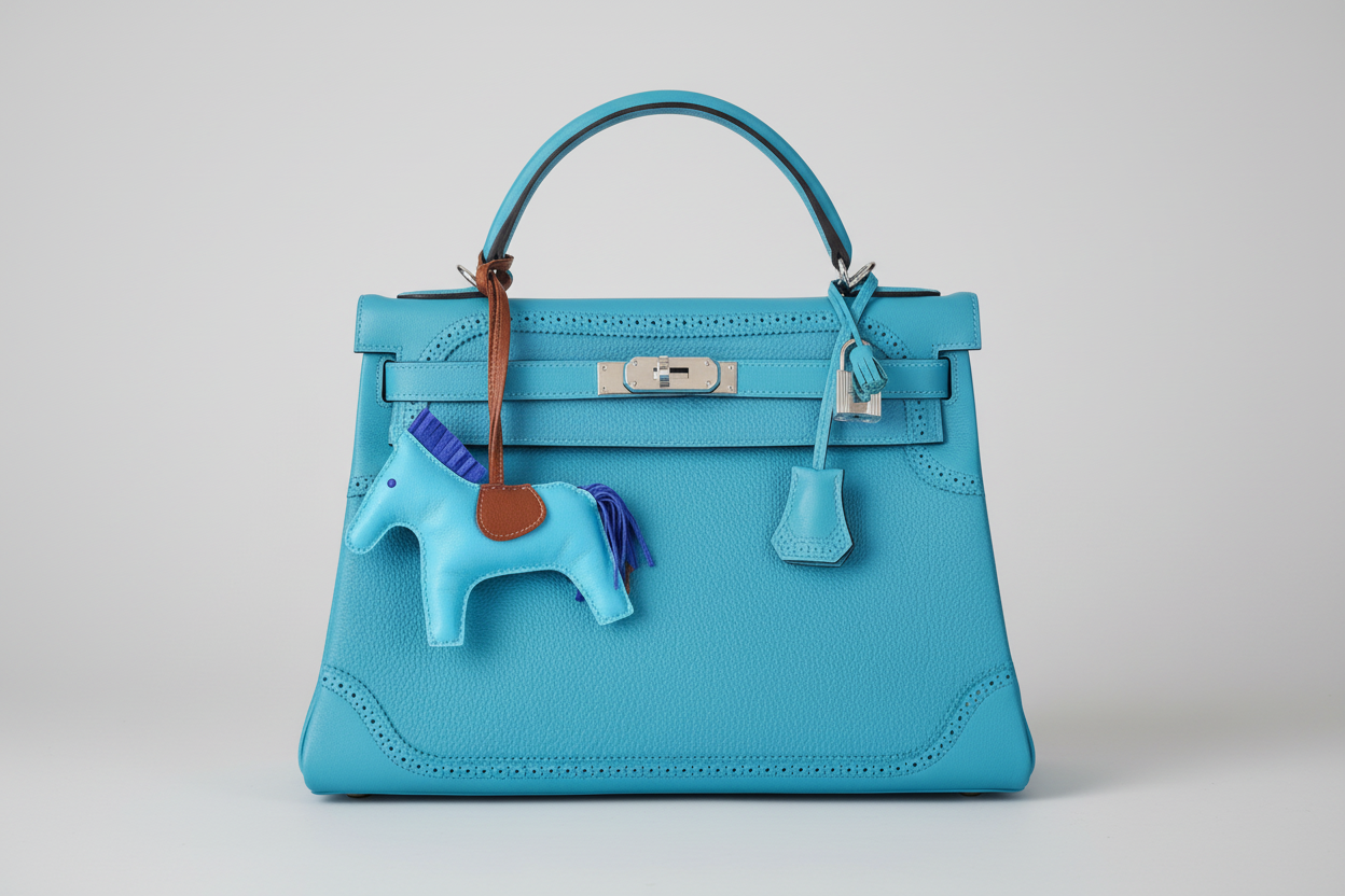 Hermès Kelly 32 "Ghillies" Limited Edition Turquoise Clemence & Swift Palladium Hardware