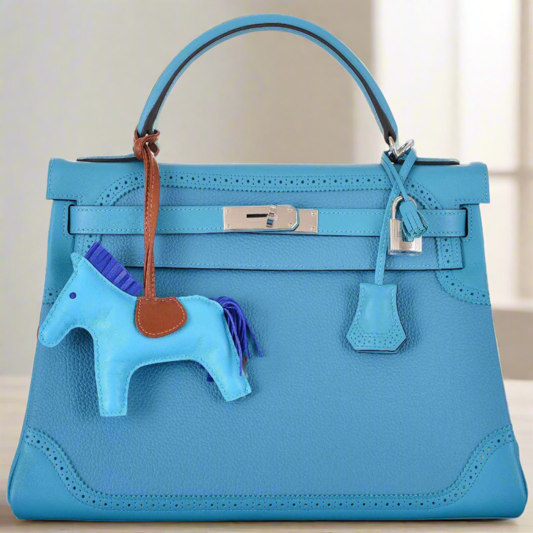 Hermès Kelly 32 "Ghillies" Limited Edition Turquoise Clemence & Swift Palladium Hardware