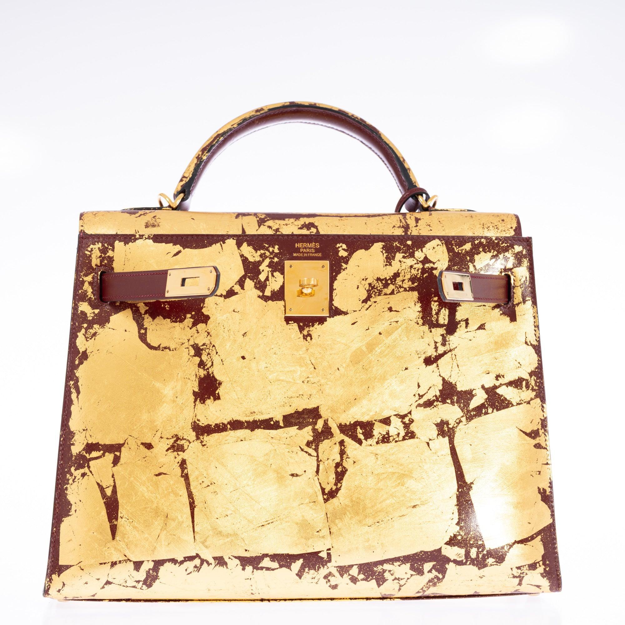Hermès Kelly 32 Retourne "Kelly Dorée" Gold Leaf & Rouge H Box Leather Gold Hardware