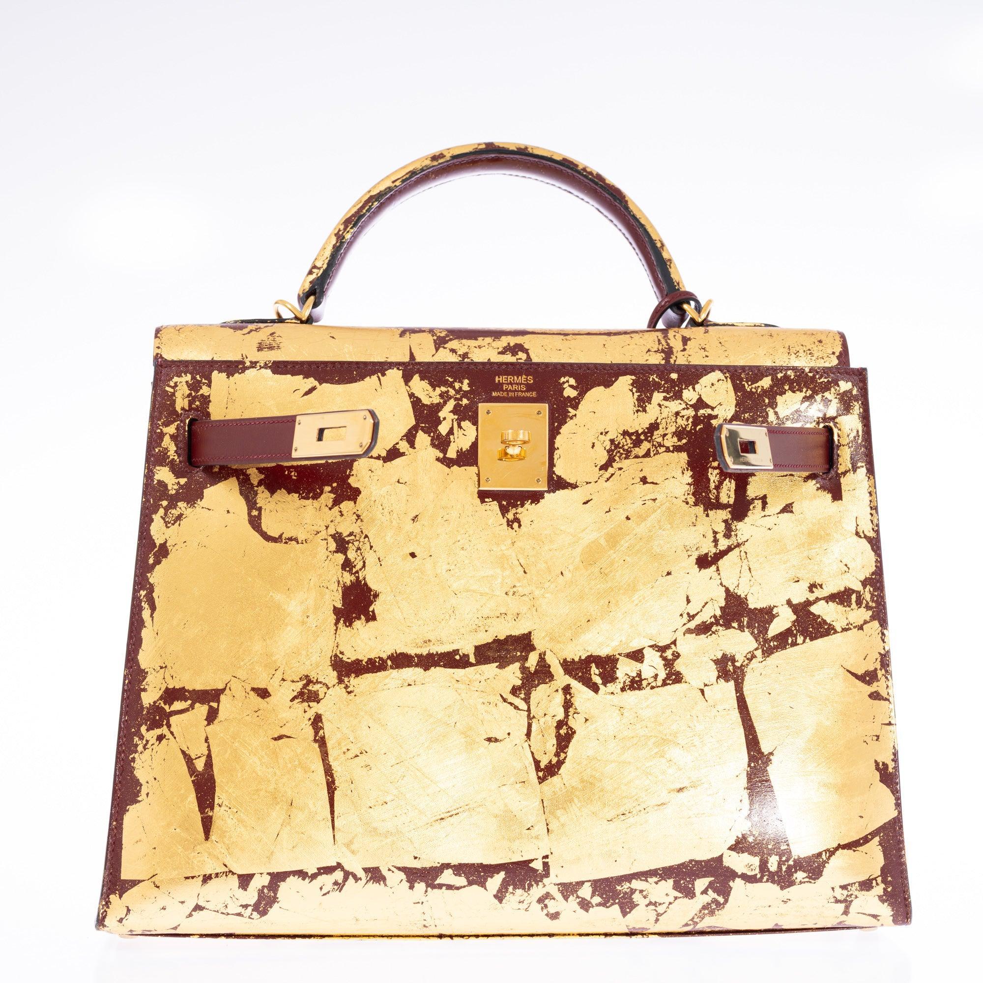 Hermès Kelly 32 Retourne "Kelly Dorée" Gold Leaf & Rouge H Box Leather Gold Hardware