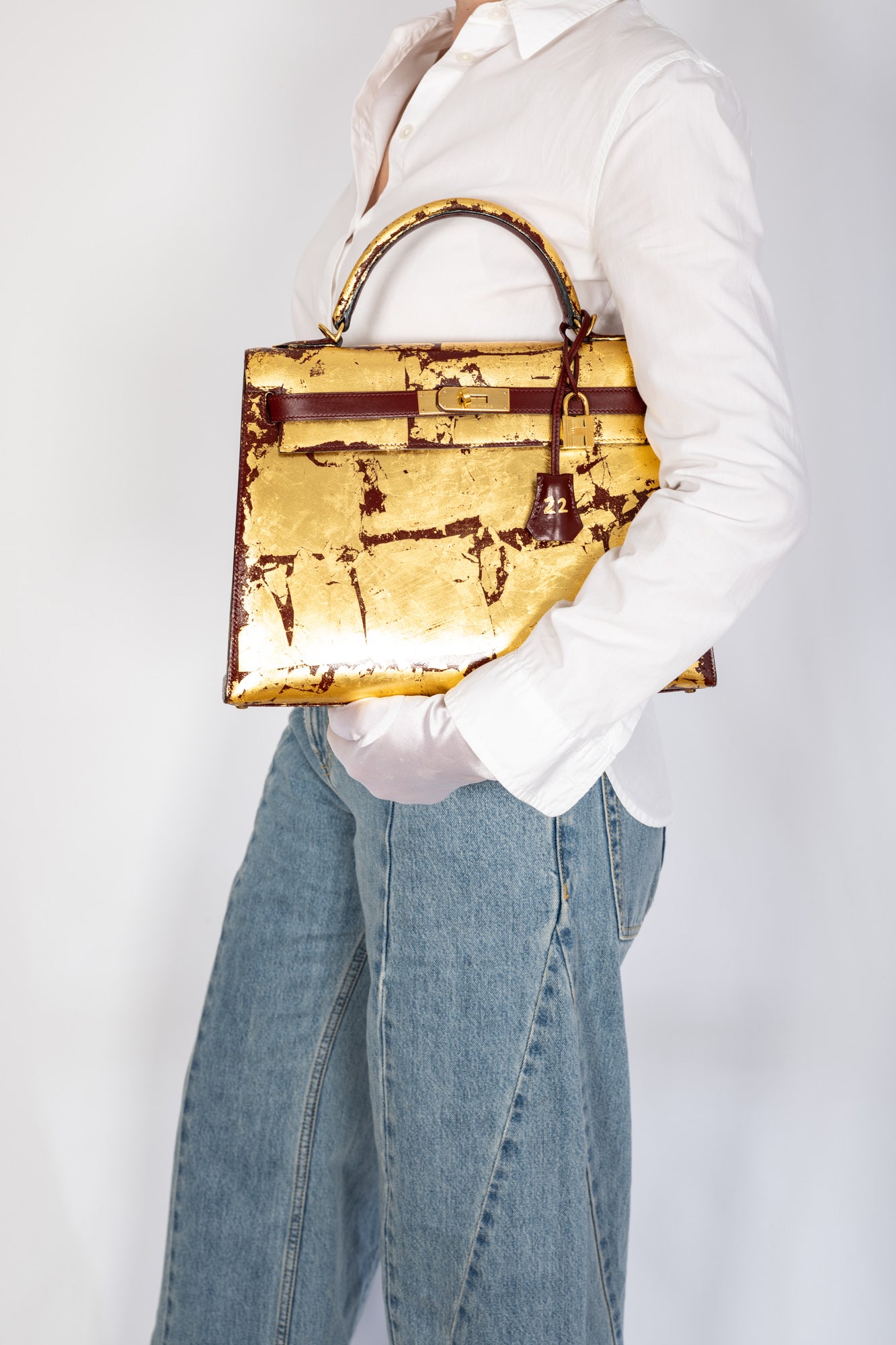 Hermès Kelly 32 Retourne "Kelly Dorée" Gold Leaf & Rouge H Box Leather Gold Hardware