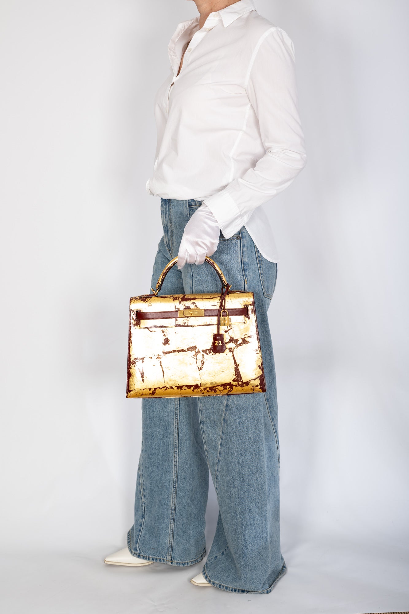 Hermès Kelly 32 Retourne "Kelly Dorée" Gold Leaf & Rouge H Box Leather Gold Hardware