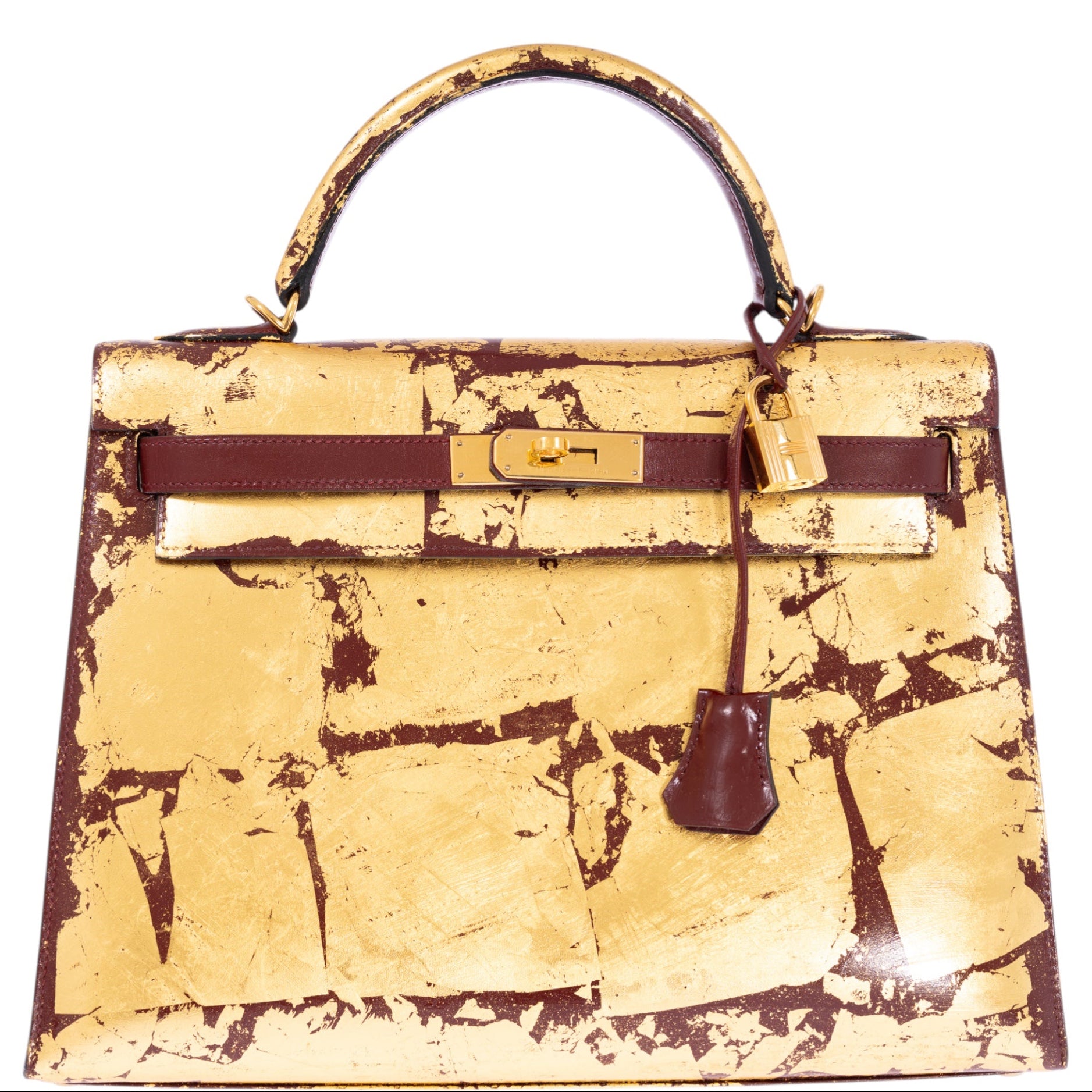 Hermès Kelly 32 Retourne "Kelly Dorée" Gold Leaf & Rouge H Box Leather Gold Hardware