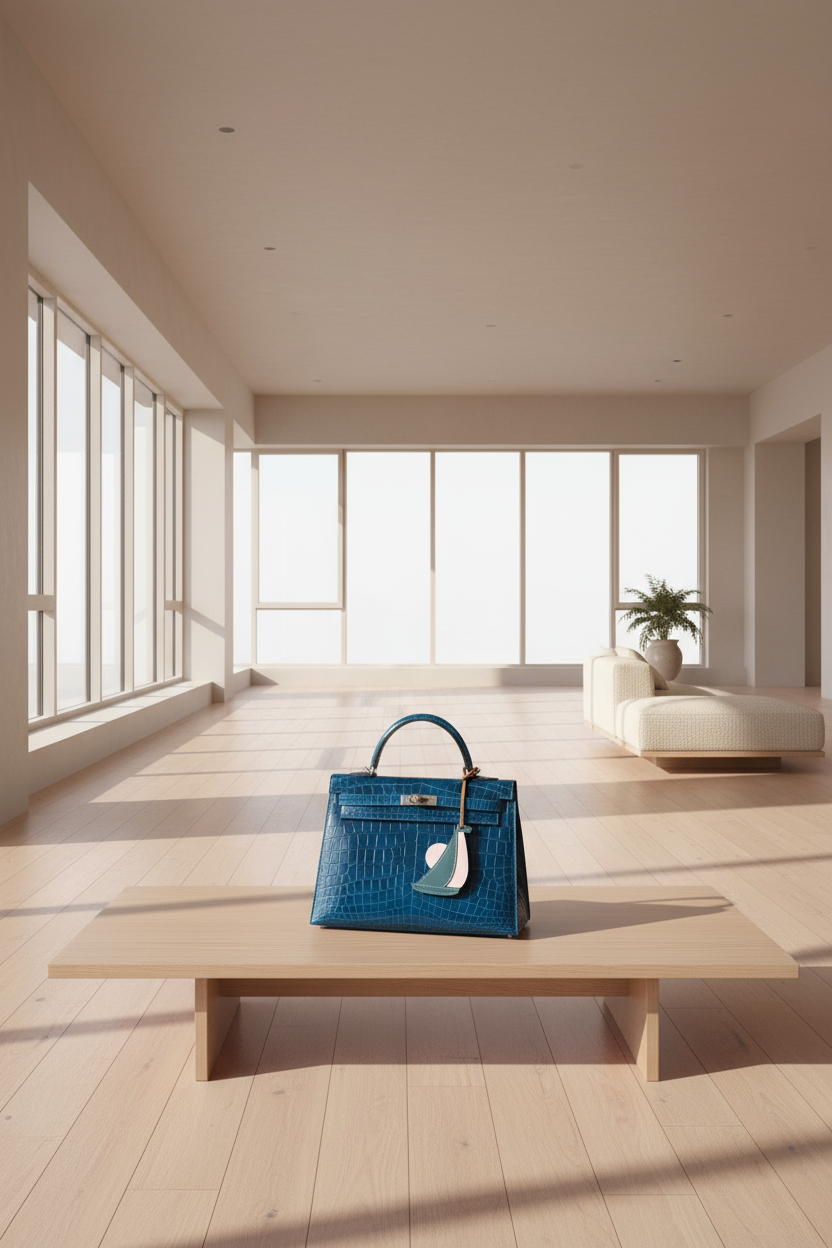 Hermès Kelly 32 Sellier Blue Colvert Shiny Niloticus Crocodile Palladium Hardware