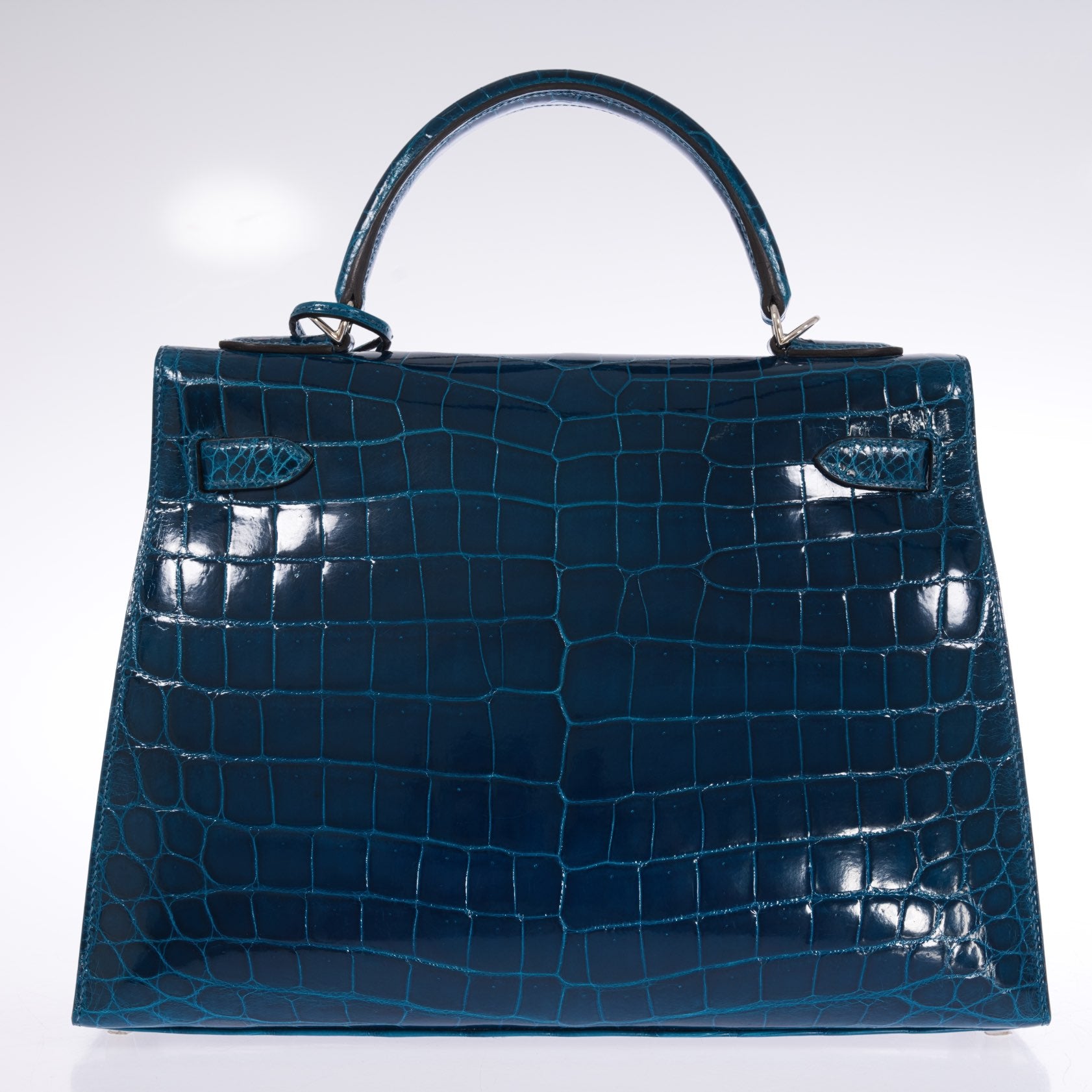 Hermès Kelly 32 Sellier Blue Colvert Shiny Niloticus Crocodile Palladium Hardware