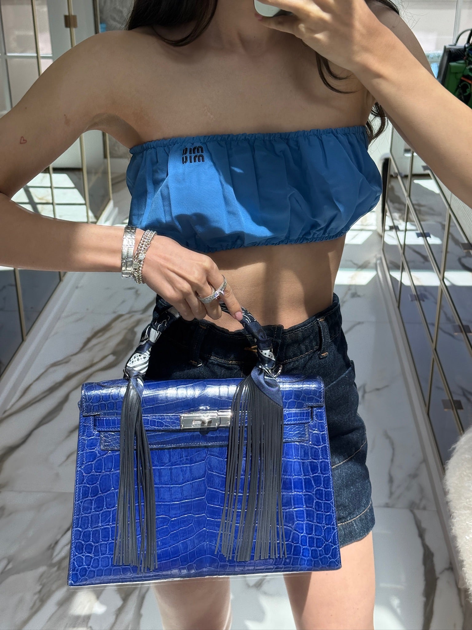 Hermès Kelly 32 Sellier Blue Electric Shiny Niloticus Crocodile Palladium Hardware